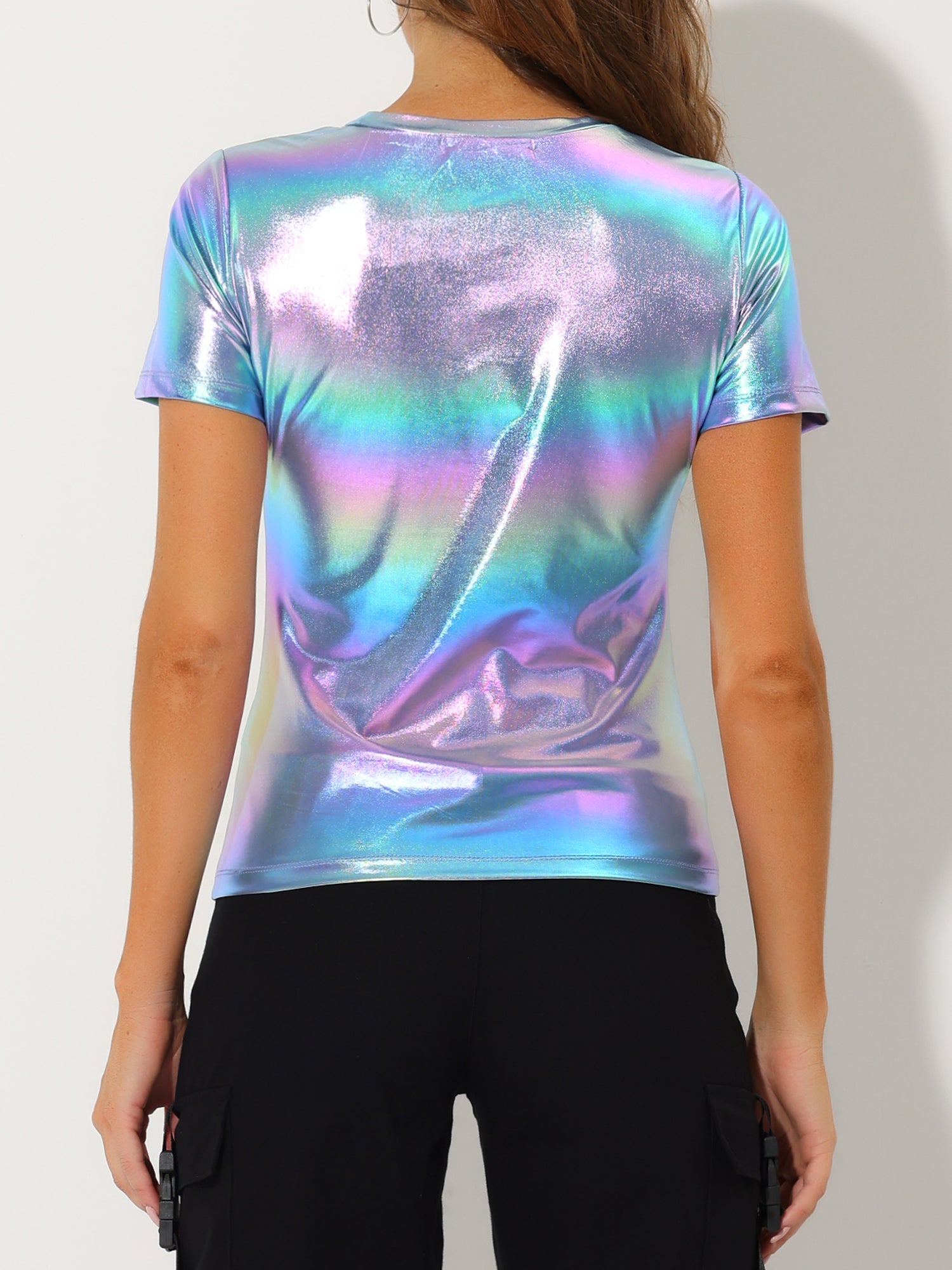 Glitter Metallic Short Sleeve Shiny Multicolor Blouse