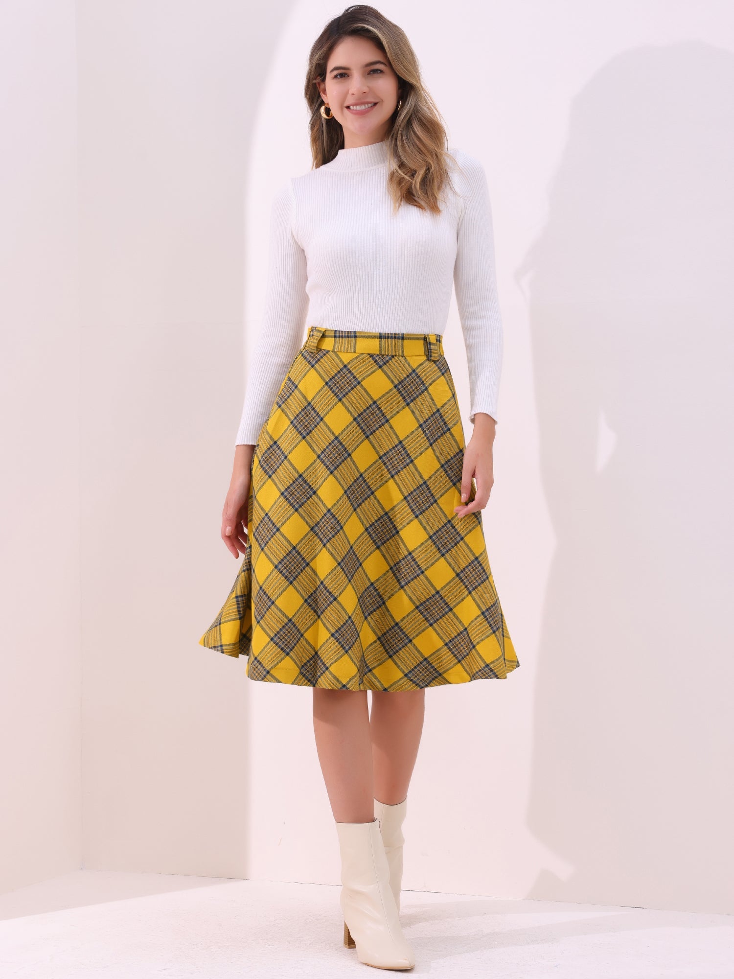 Christmas Tartan Plaid High Waist Belted Vintage A-Line Midi Skirt