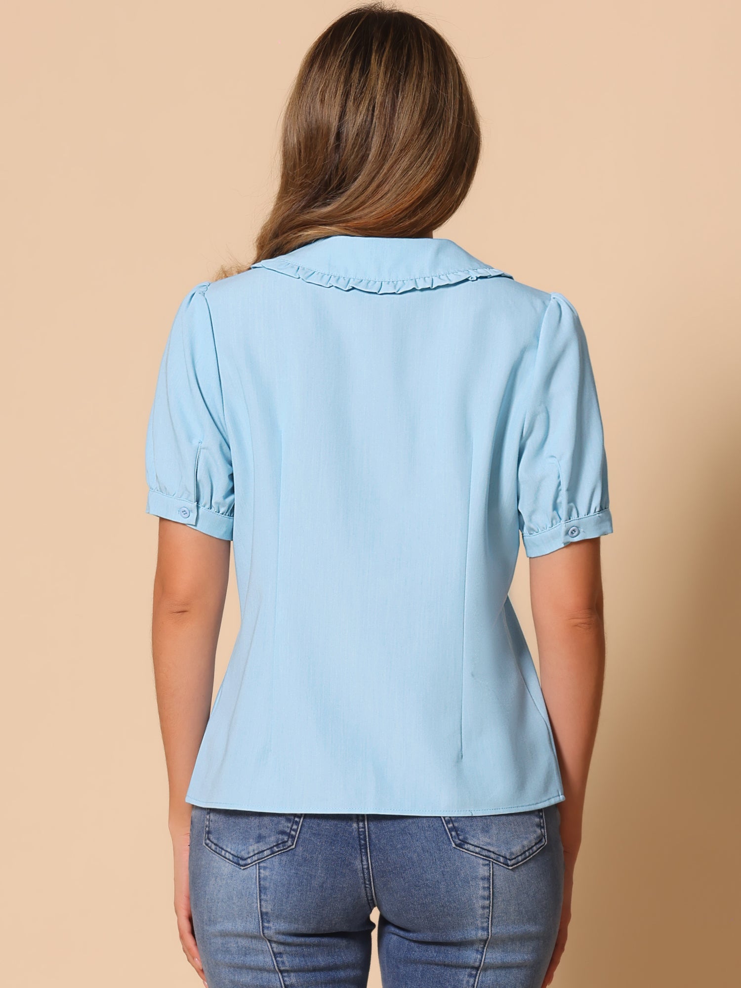 Chambray Shirt Peter Pan Collar Puff Sleeve Vintage Denim Blouse