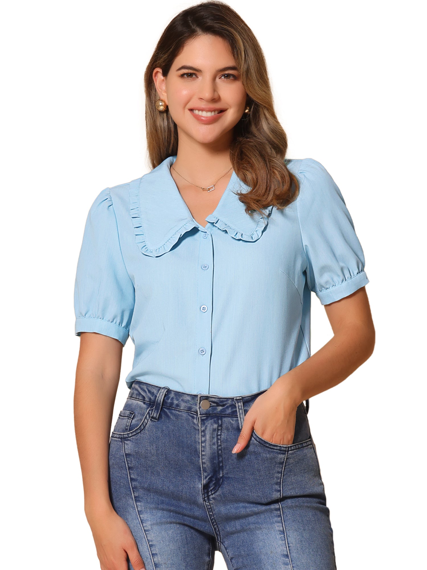 Chambray Shirt Peter Pan Collar Puff Sleeve Vintage Denim Blouse