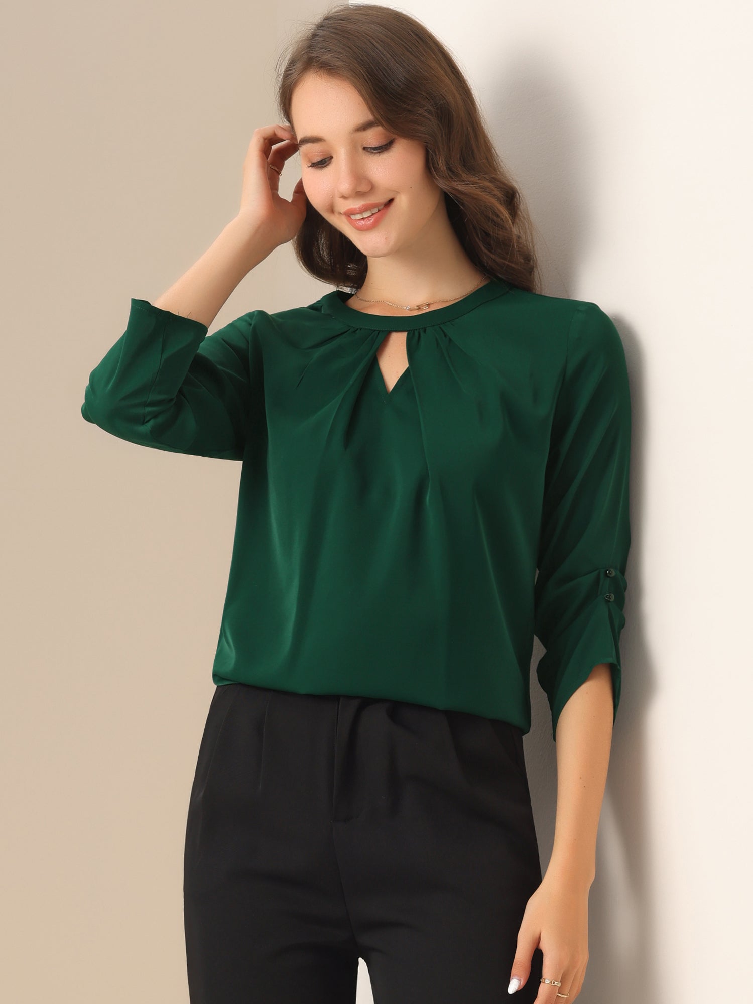 Office Keyhole Pleated Front Ruched 3/4 Sleeve Chiffon Blouse