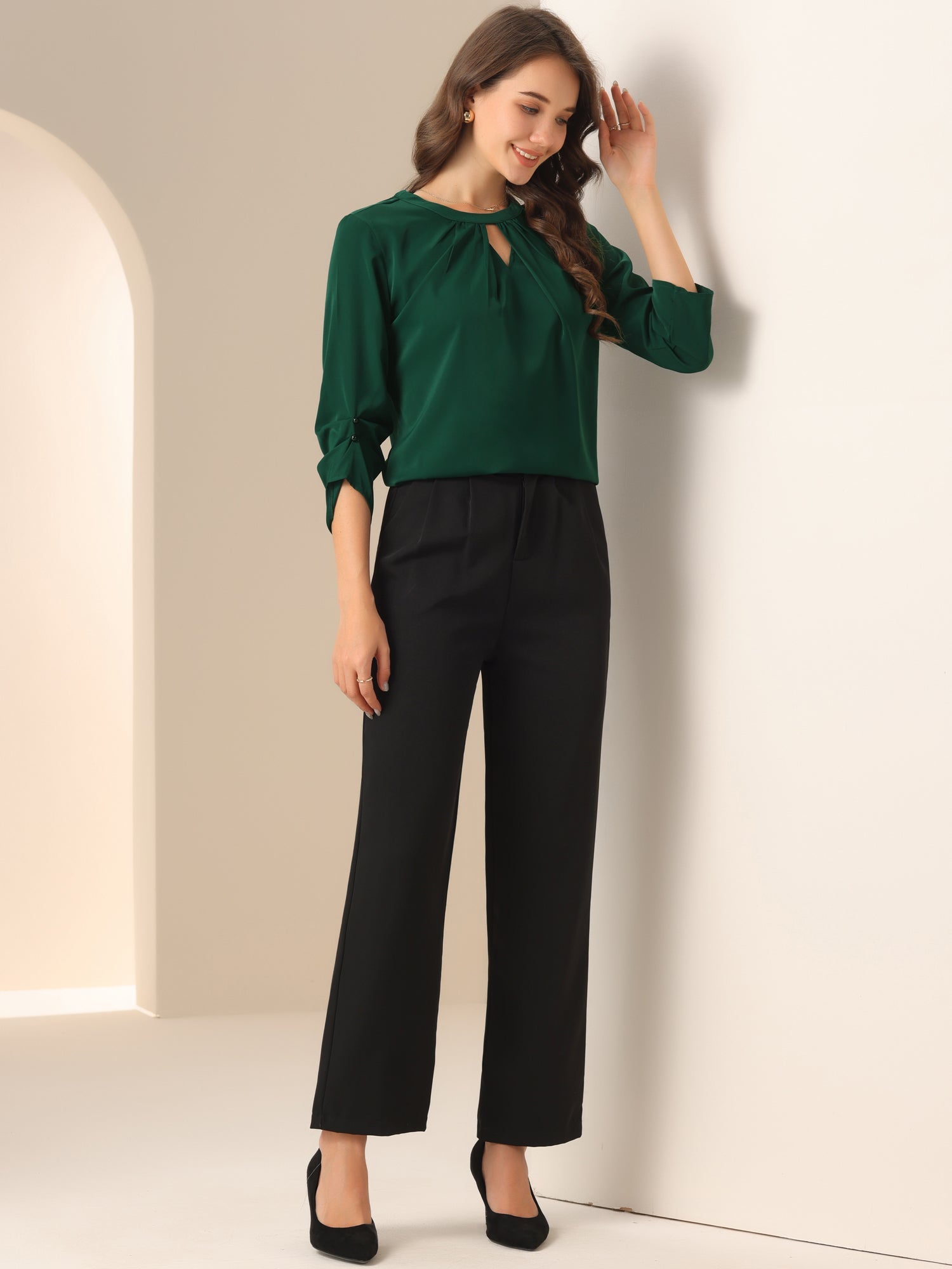 Office Keyhole Pleated Front Ruched 3/4 Sleeve Chiffon Blouse