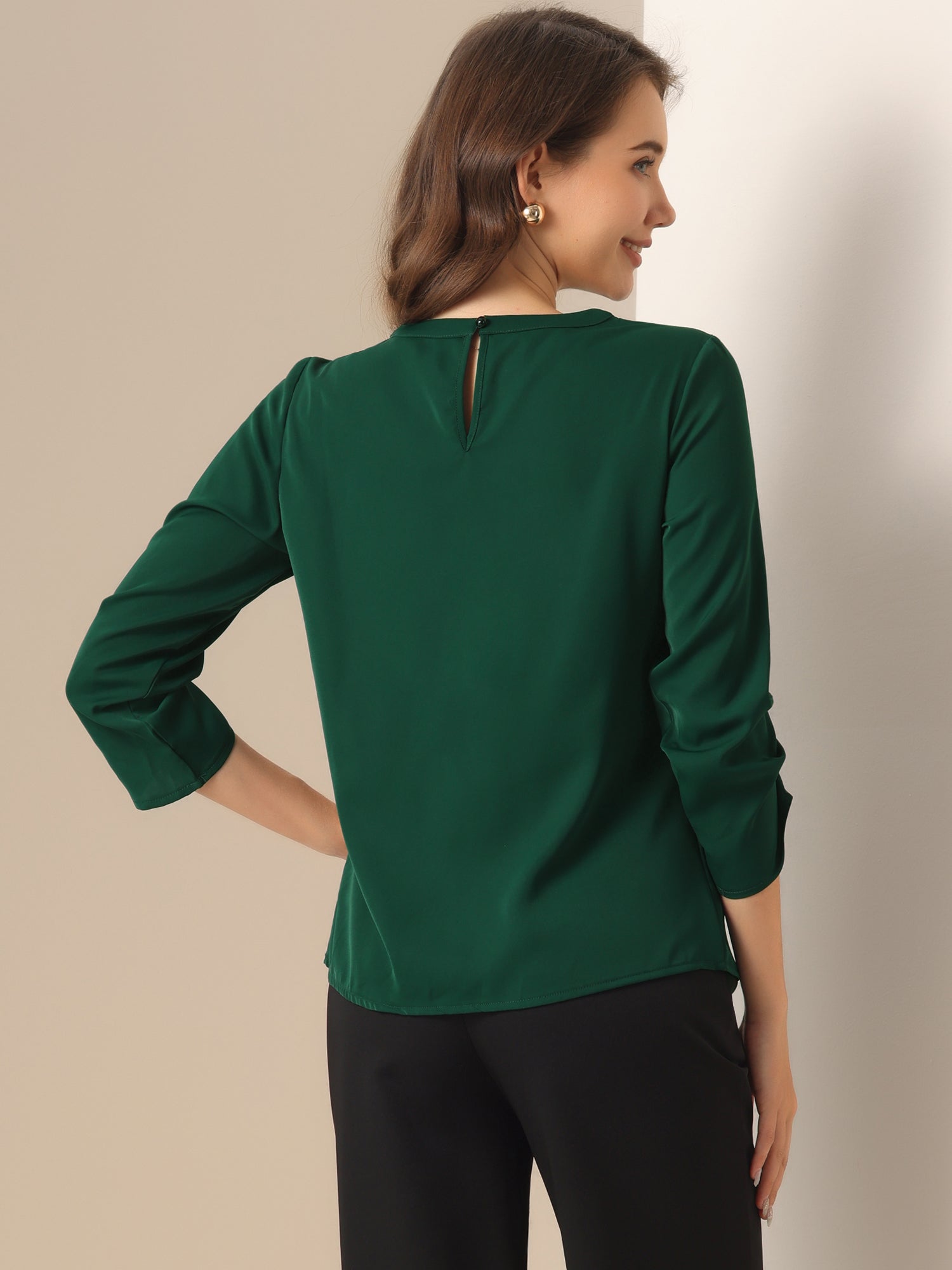 Office Keyhole Pleated Front Ruched 3/4 Sleeve Chiffon Blouse
