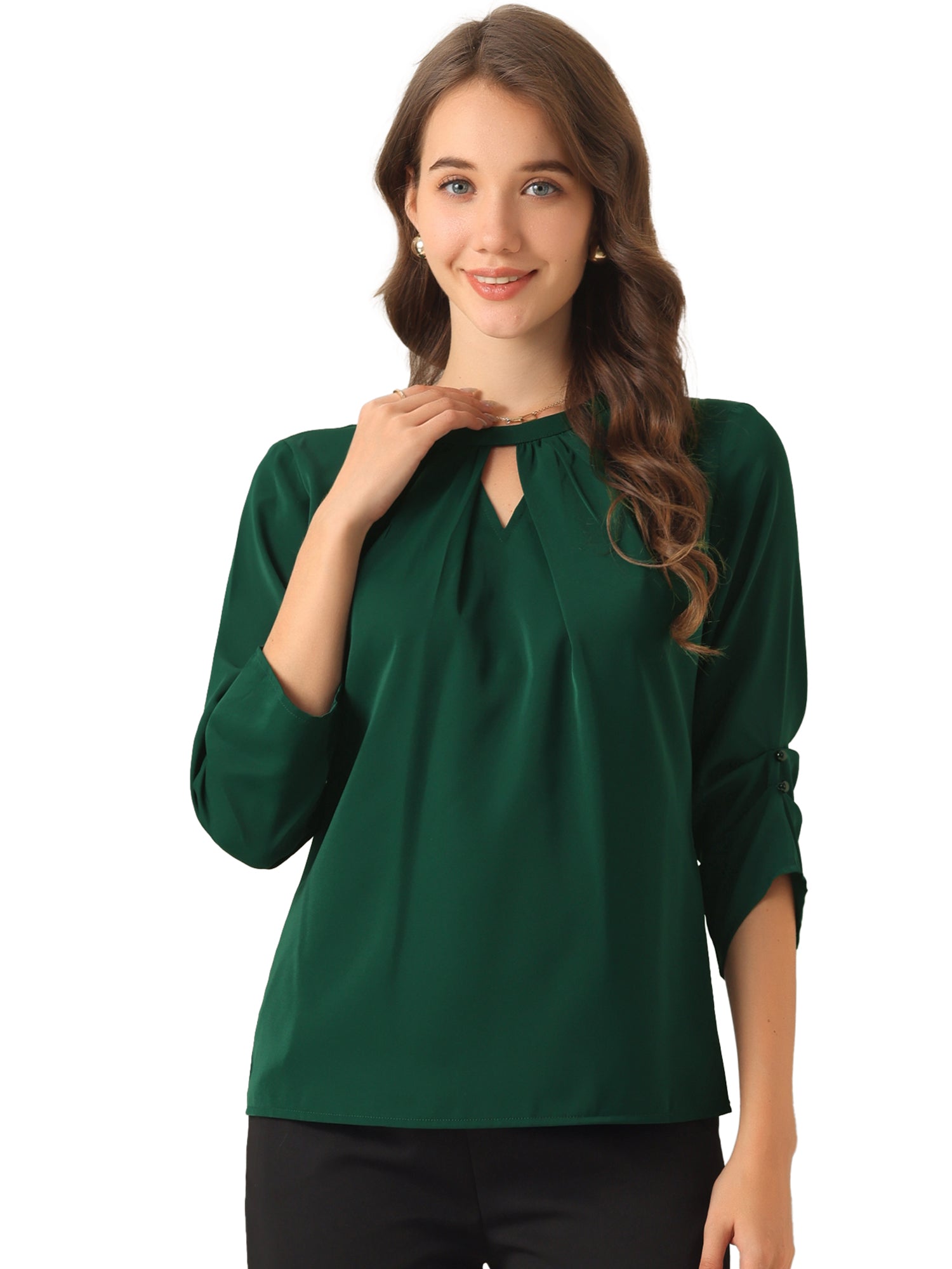 Office Keyhole Pleated Front Ruched 3/4 Sleeve Chiffon Blouse
