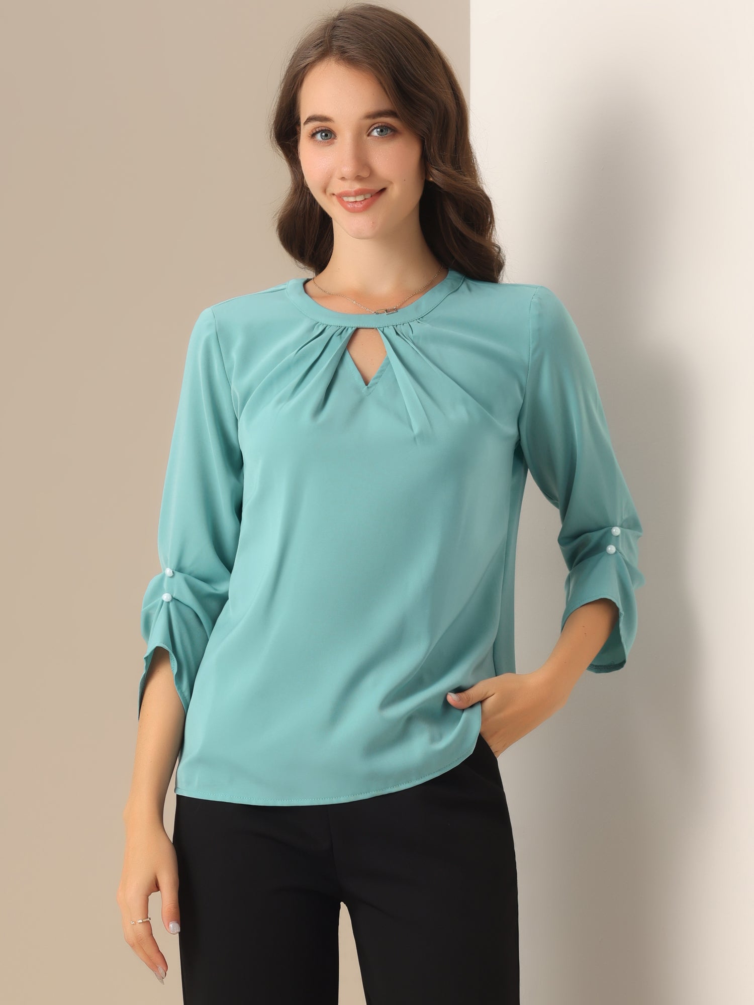 Office Keyhole Pleated Front Ruched 3/4 Sleeve Chiffon Blouse