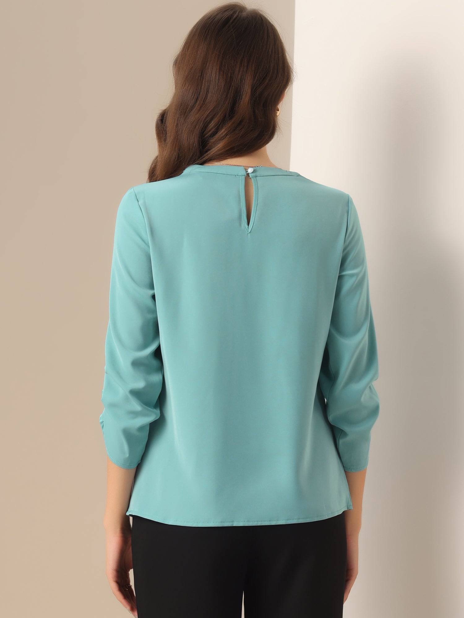 Office Keyhole Pleated Front Ruched 3/4 Sleeve Chiffon Blouse