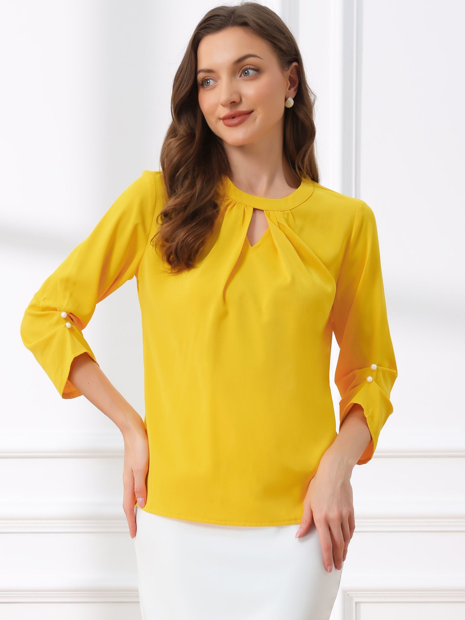 Office Keyhole Pleated 3/4 Sleeve Chiffon Blouse