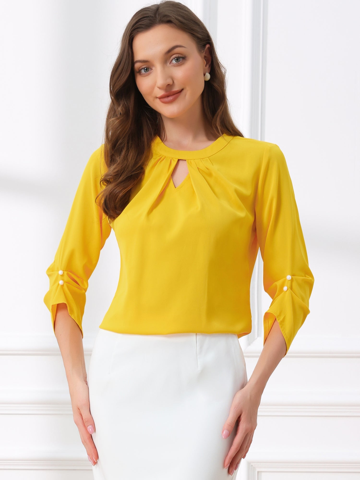 Office Keyhole Pleated 3/4 Sleeve Chiffon Blouse