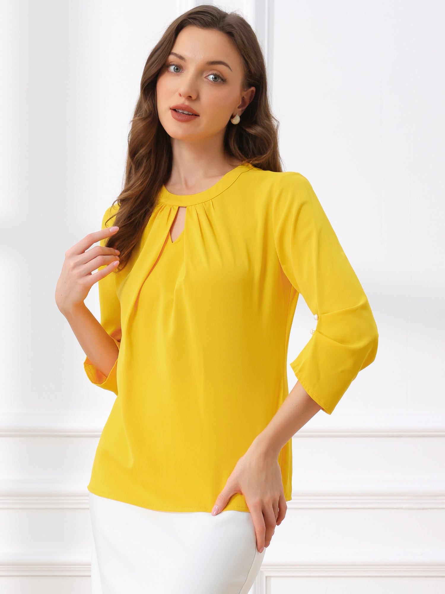 Office Keyhole Pleated 3/4 Sleeve Chiffon Blouse