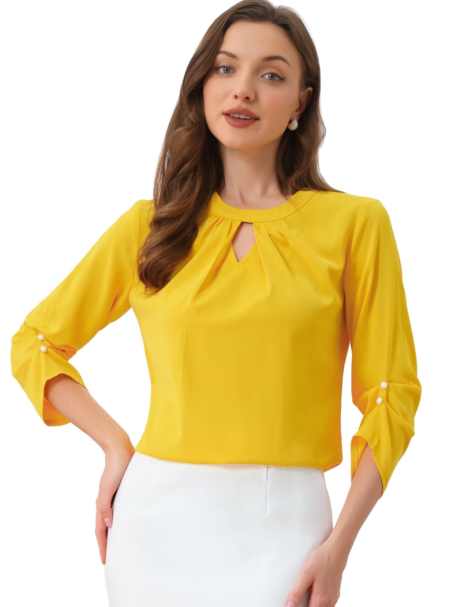 Office Keyhole Pleated 3/4 Sleeve Chiffon Blouse