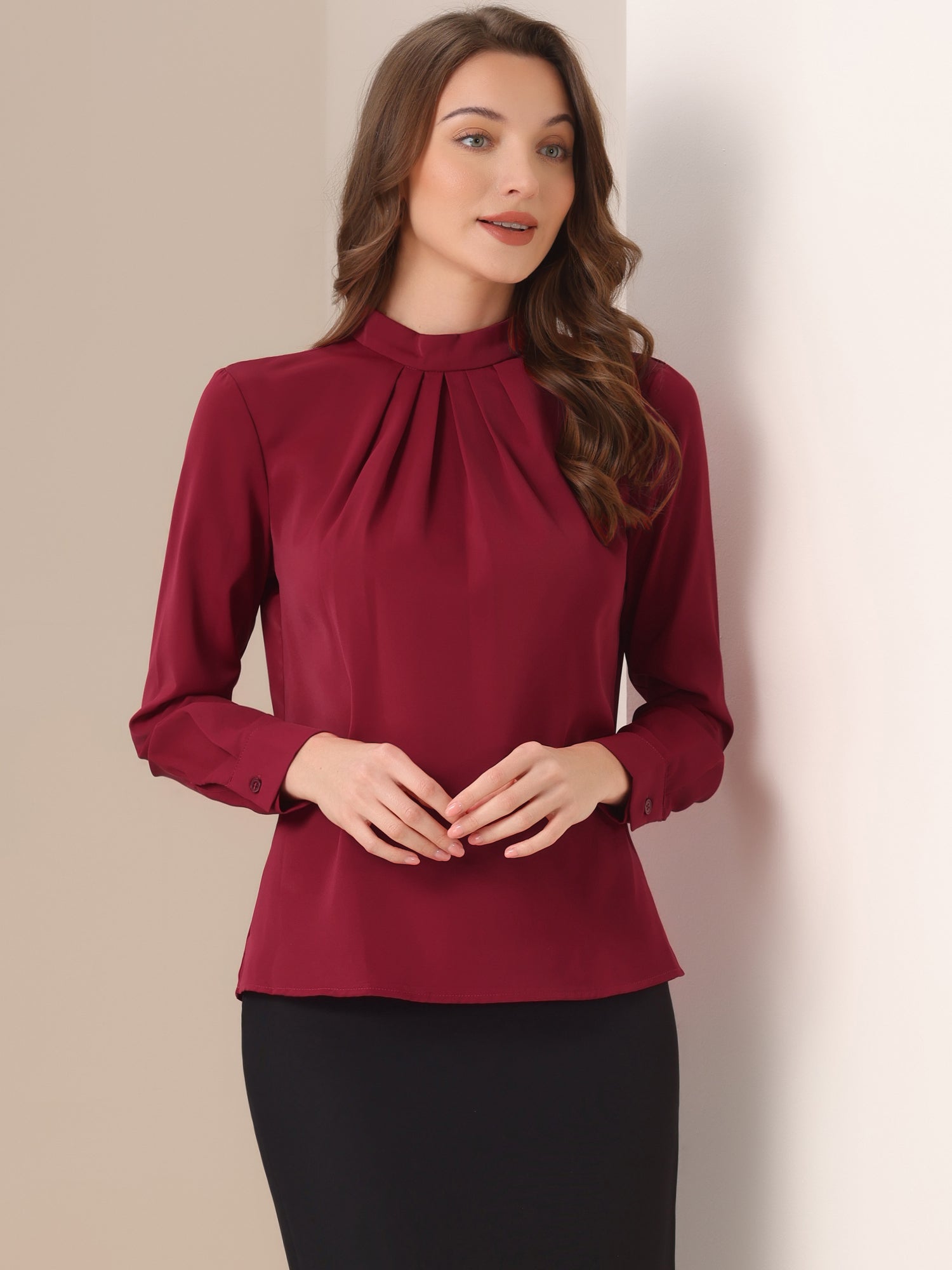 Stand Collar Chiffon Long Sleeve Business Casual Work Blouse