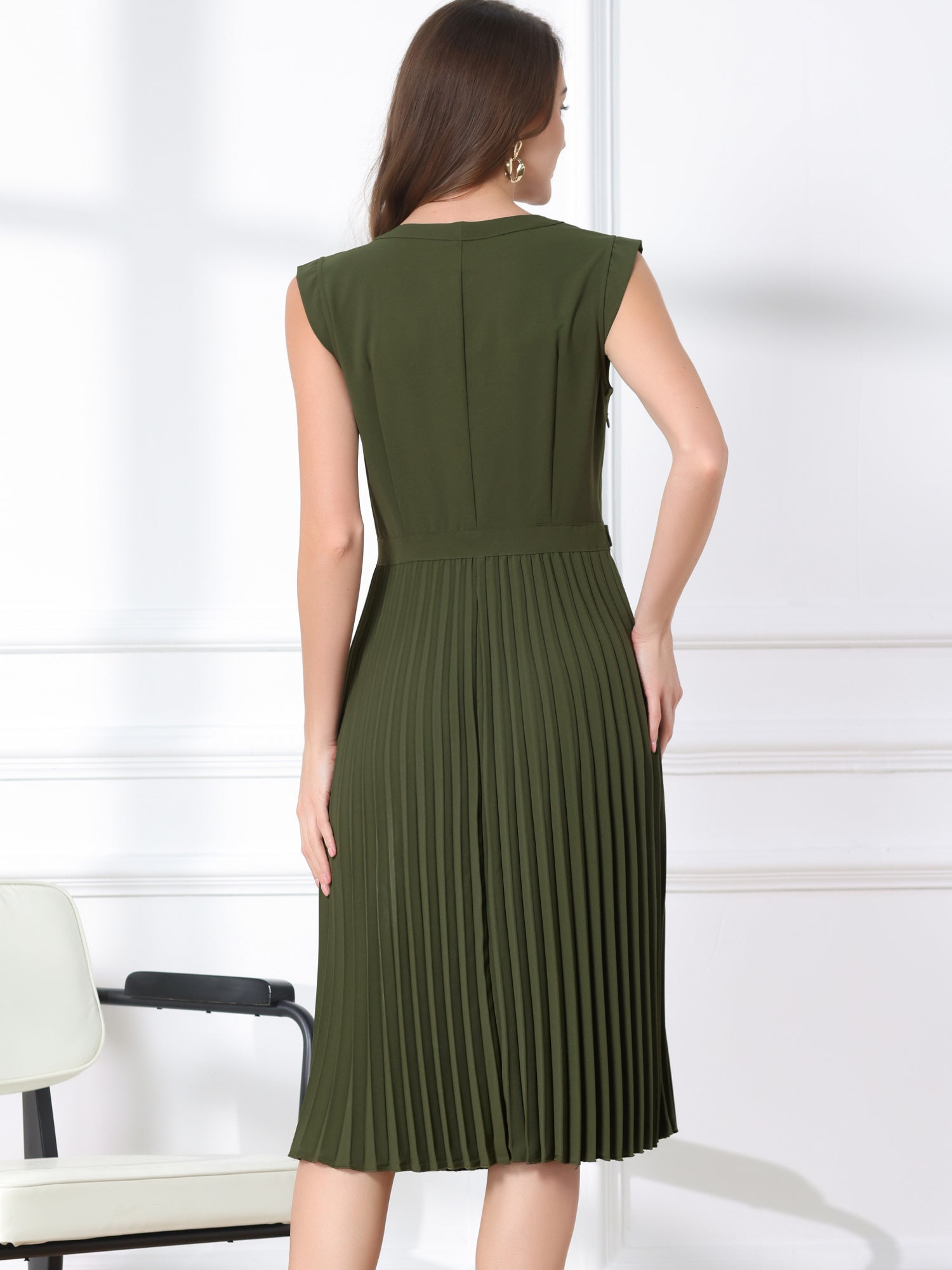 Sleeveless Dress Casual V Neck Button Pleated Midi Dress