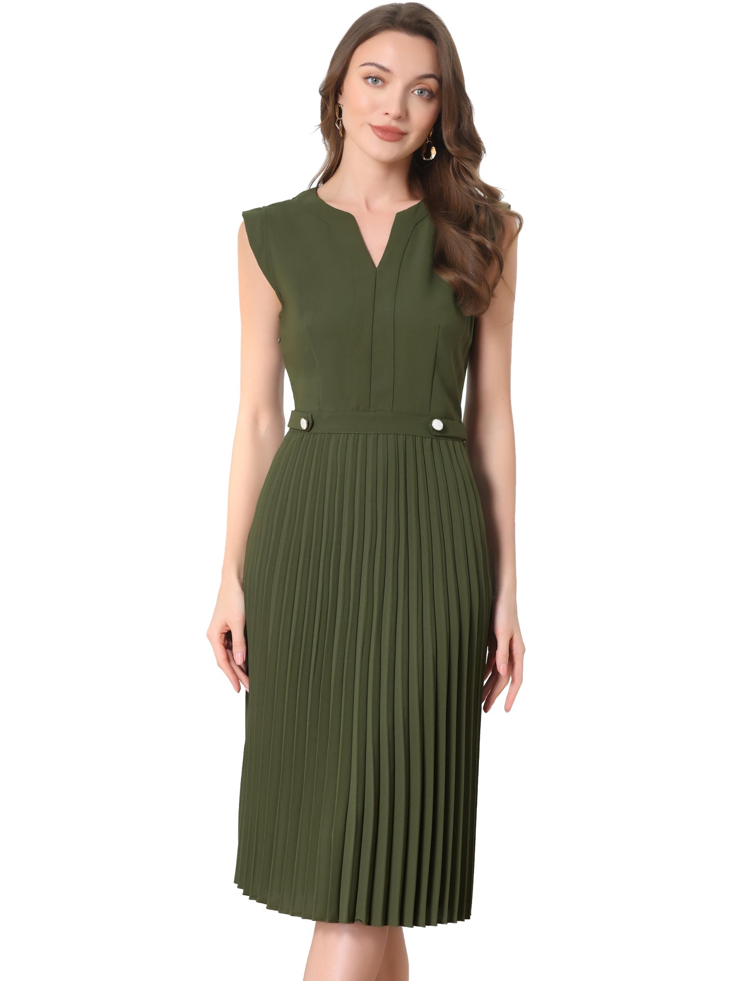 Sleeveless Dress Casual V Neck Button Pleated Midi Dress