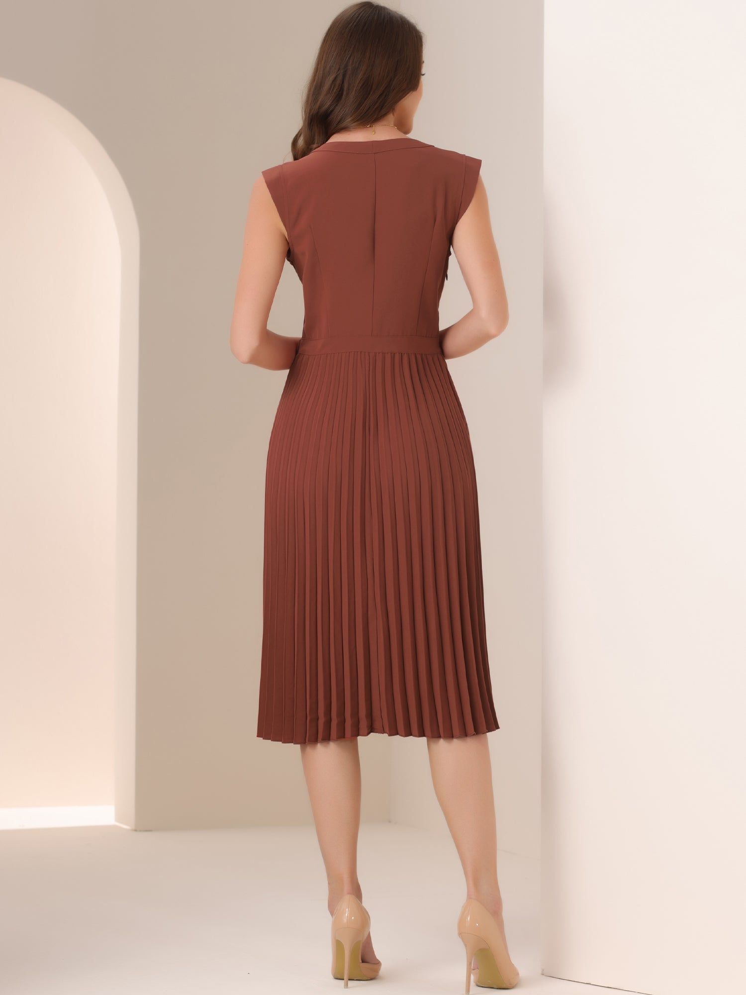 Sleeveless Dress Casual V Neck Button Pleated Midi Dress