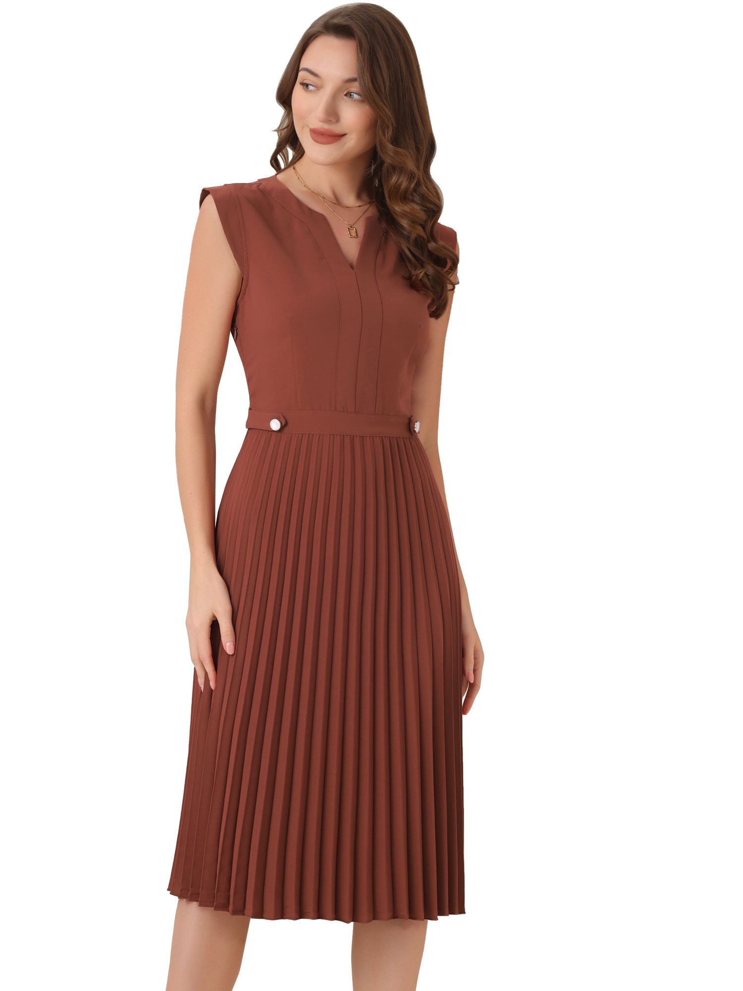 Sleeveless Dress Casual V Neck Button Pleated Midi Dress