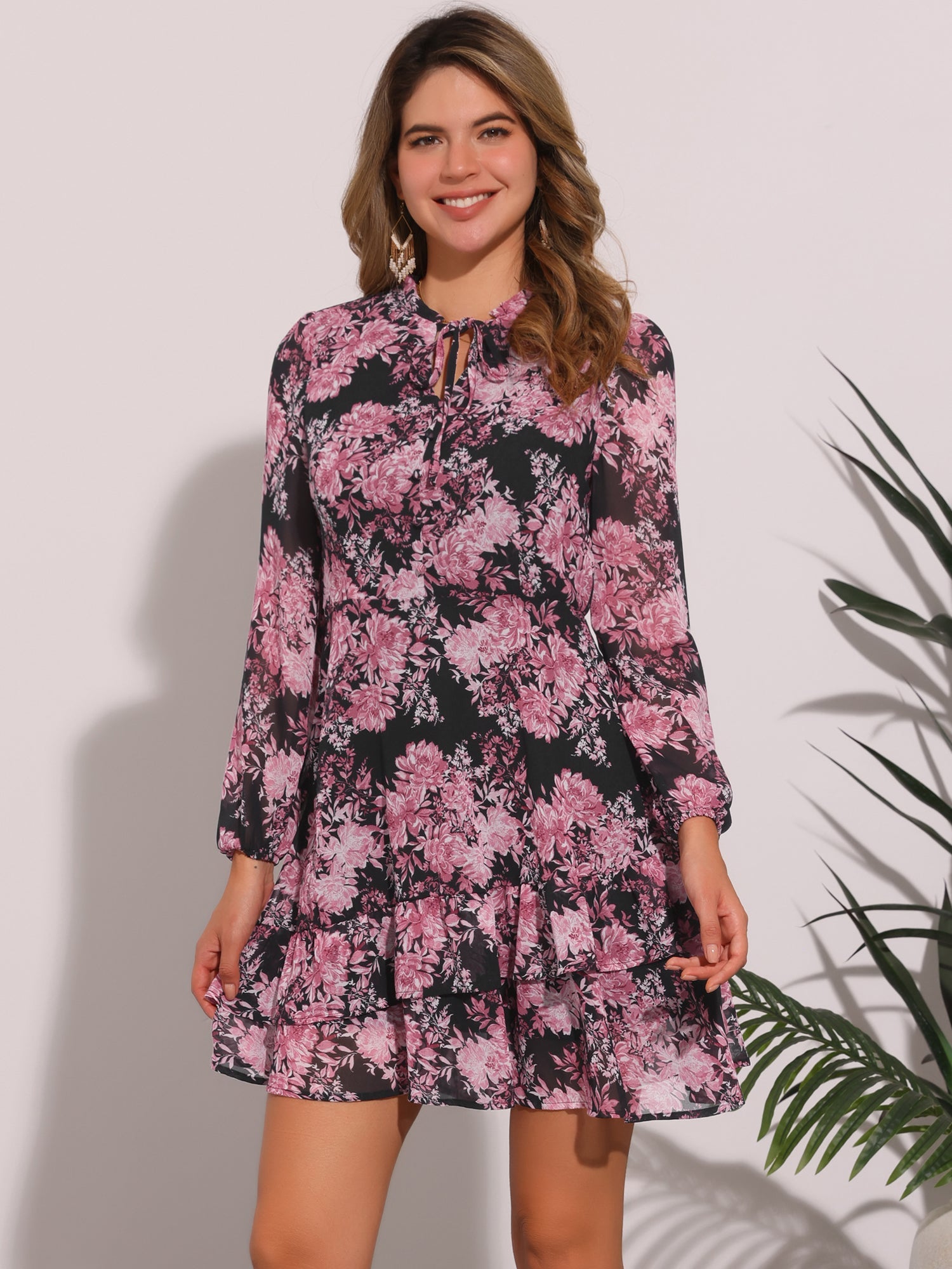 Floral V Neck Semi Sheer Layered Tiered Mini Dress