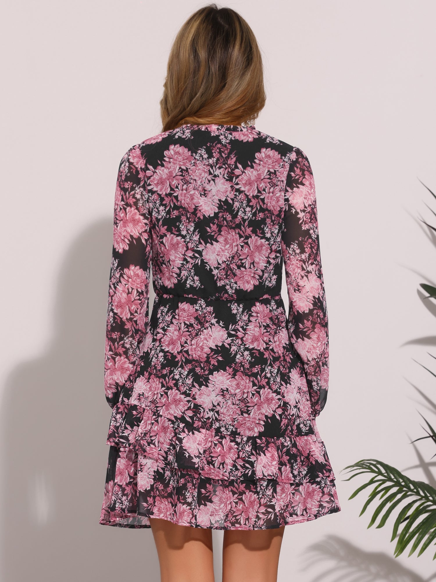 Floral V Neck Semi Sheer Layered Tiered Mini Dress