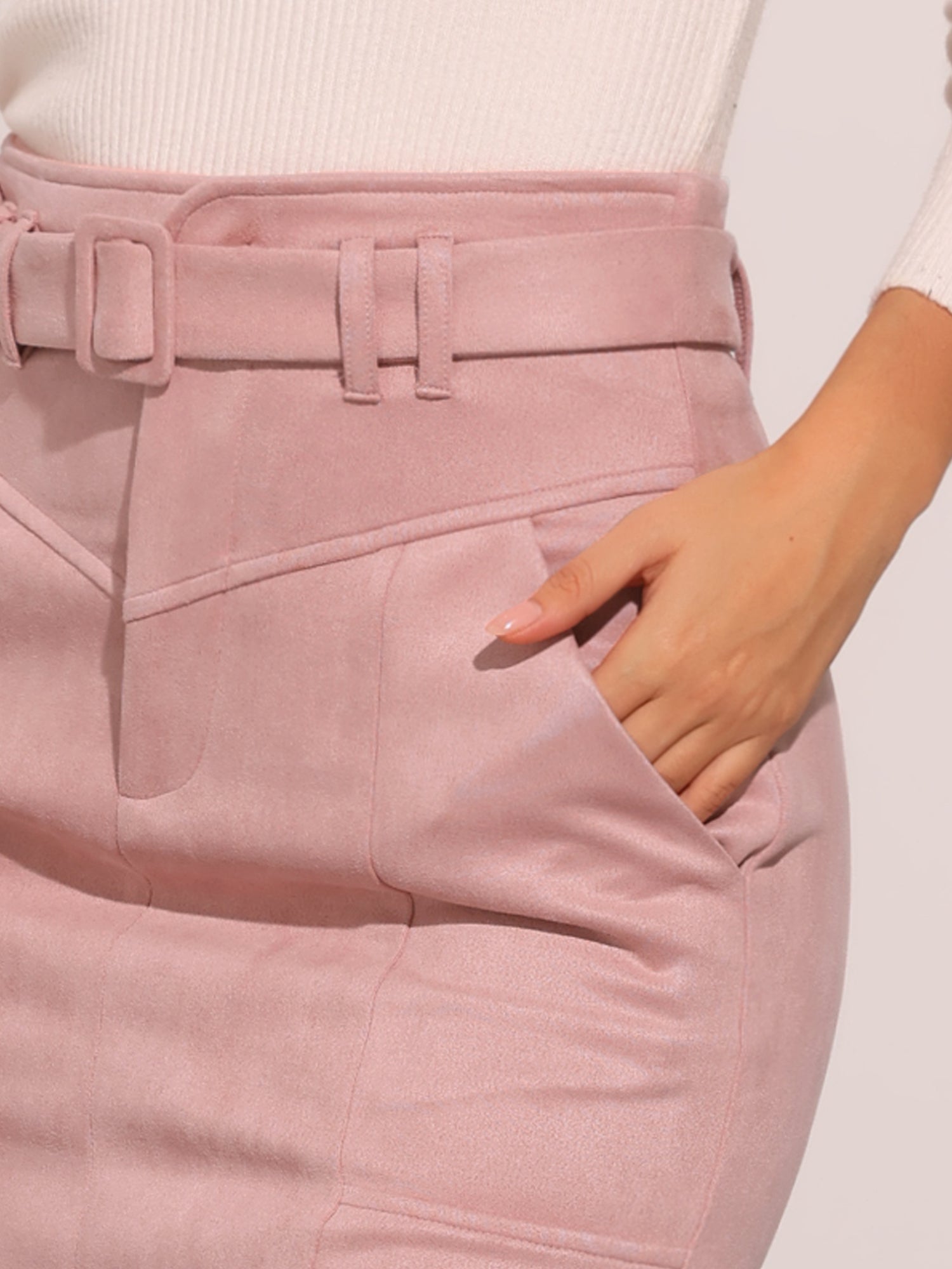 Faux Suede Casual High Waist Belted A-Line Mini Skirts