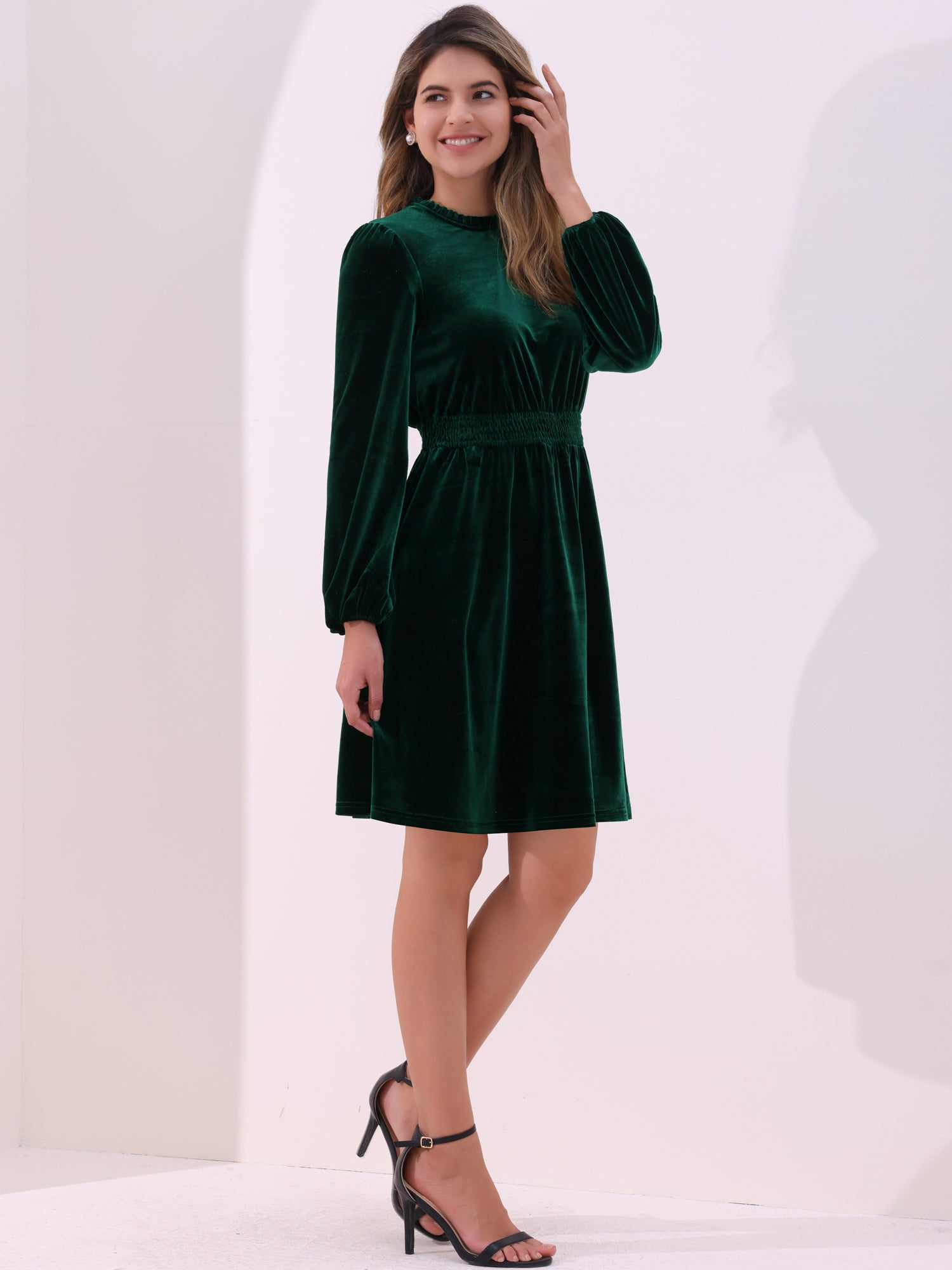 Velvet Smocked Waistline Long Sleeve Midi Dress