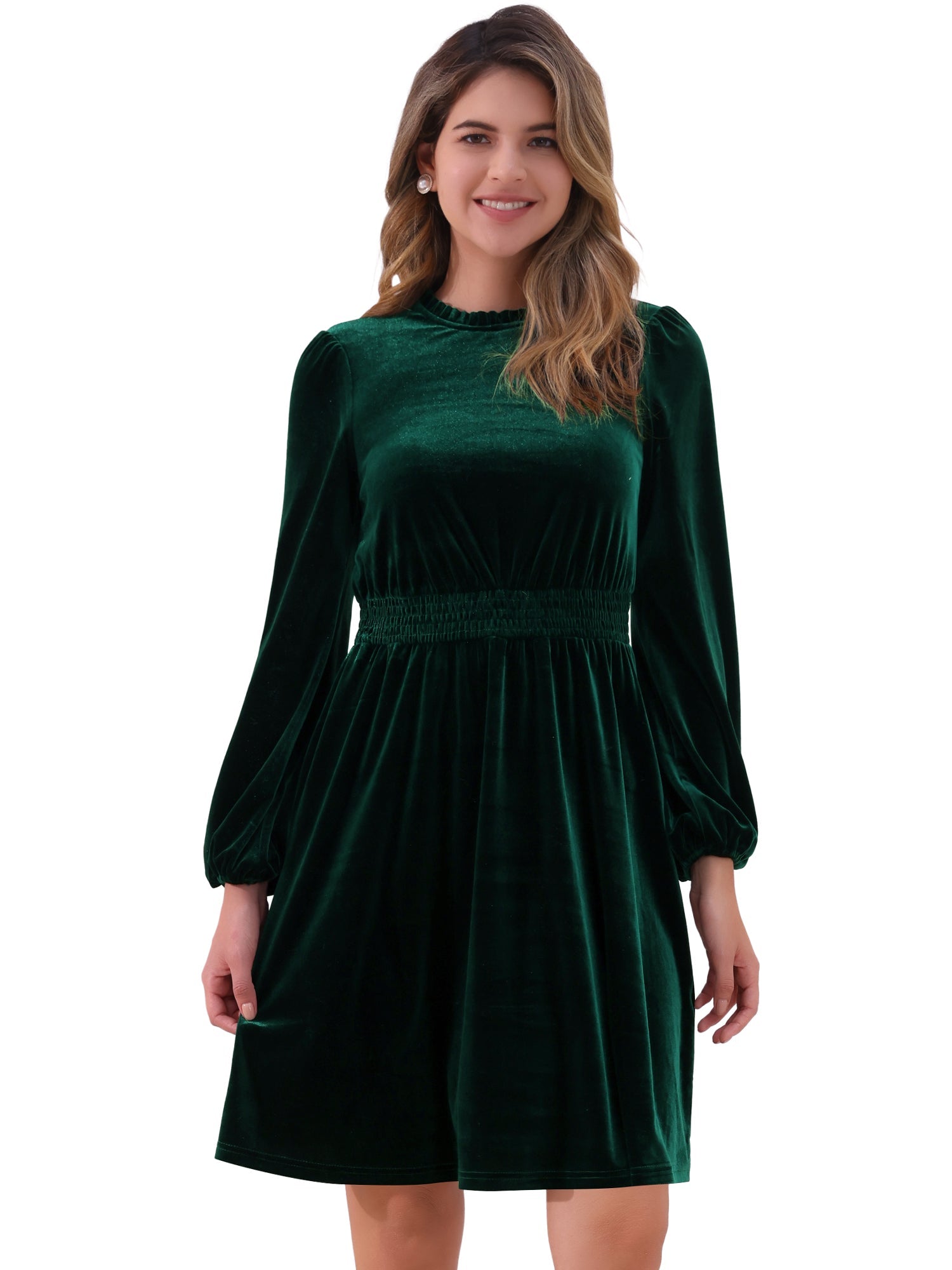 Velvet Smocked Waistline Long Sleeve Midi Dress