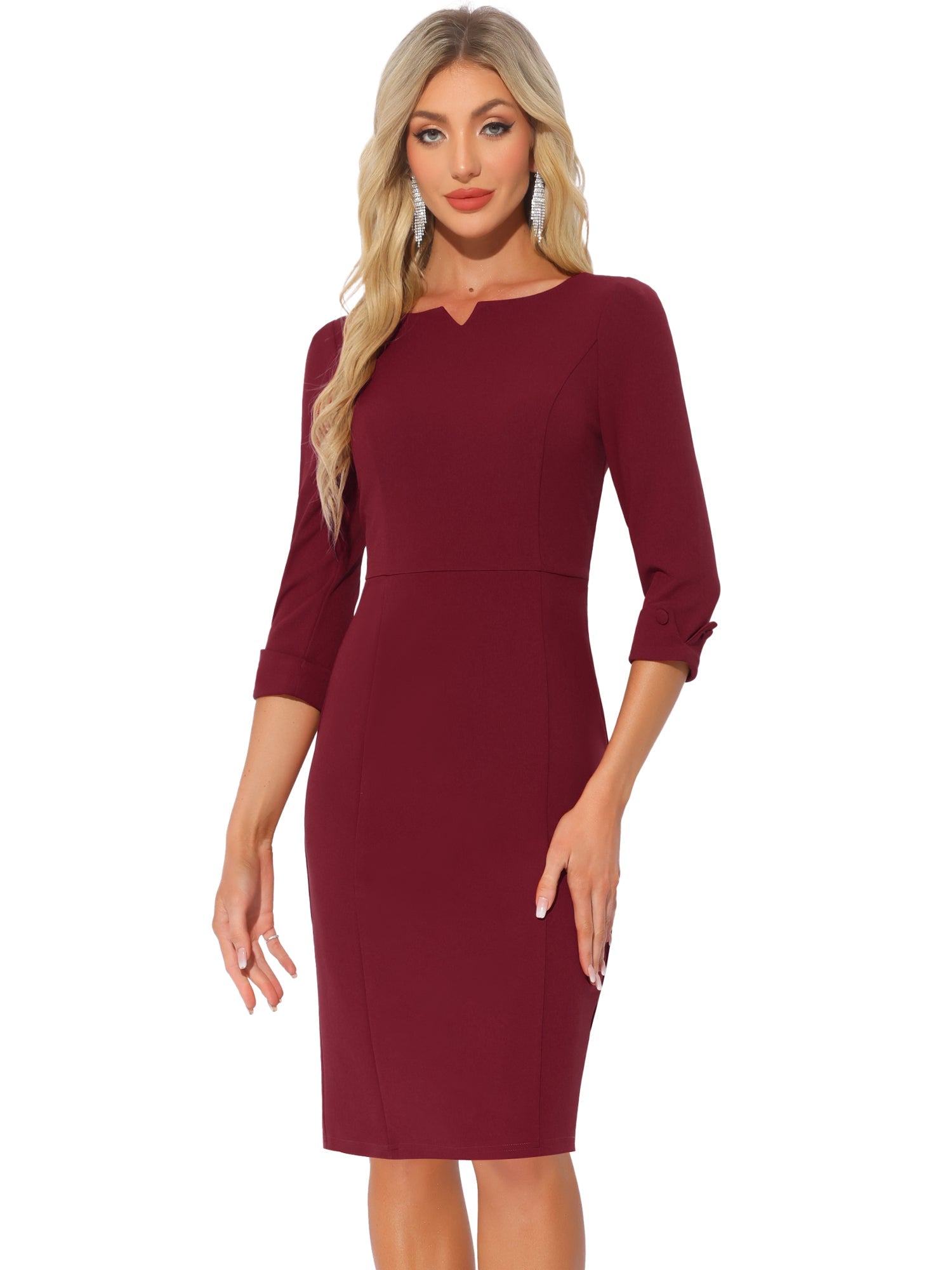 3/4 Sleeve Notch Neck Slim Fit Work Pencil Midi Dress