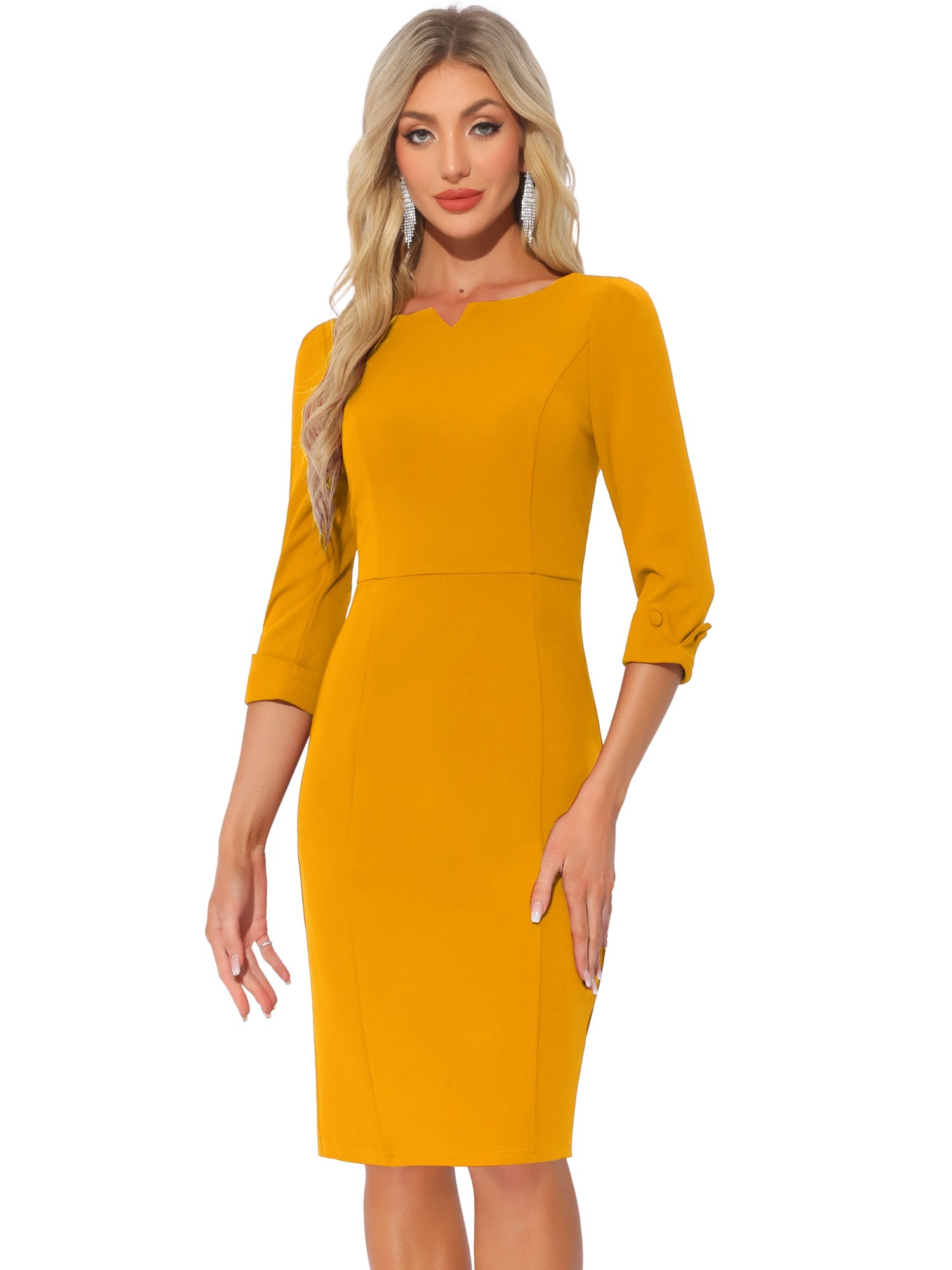 3/4 Sleeve Notch Neck Slim Fit Work Pencil Midi Dress