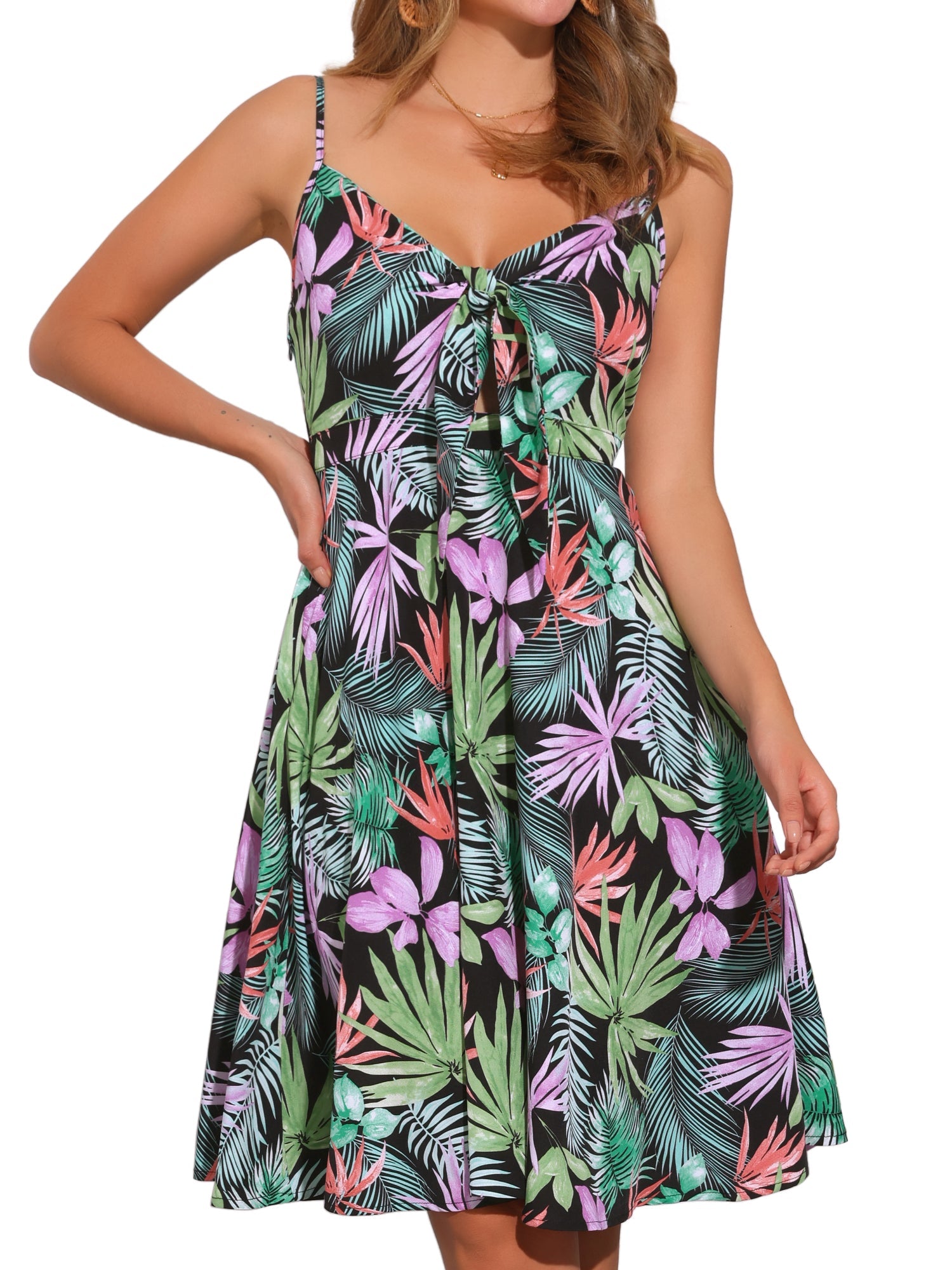 Summer Casual Beach V Neck Tie Front Rainbow Spaghetti Strap Dress
