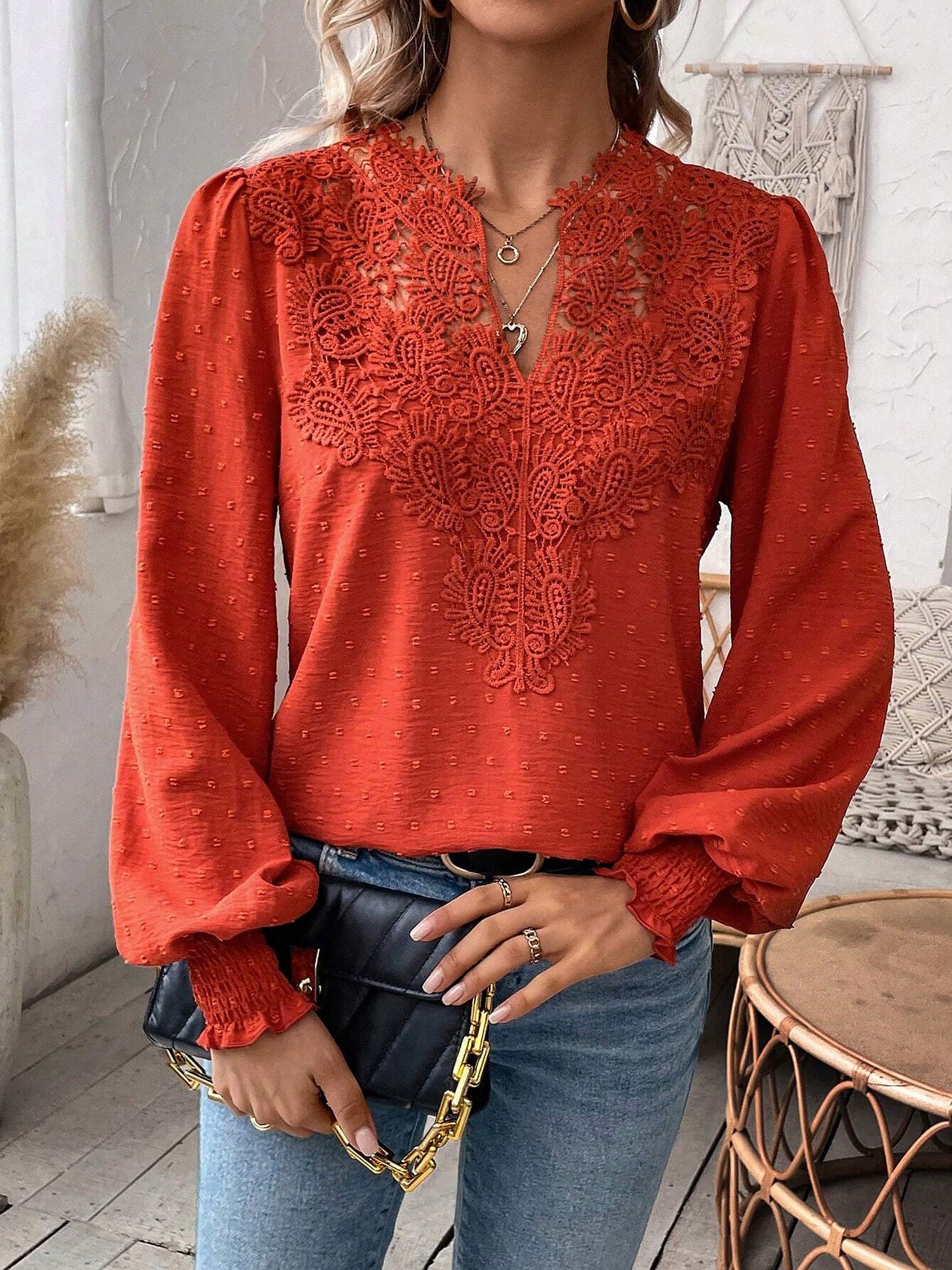 Mixed Pattern Paisley Lace Swiss Dots Smocked Long Sleeve Blouse