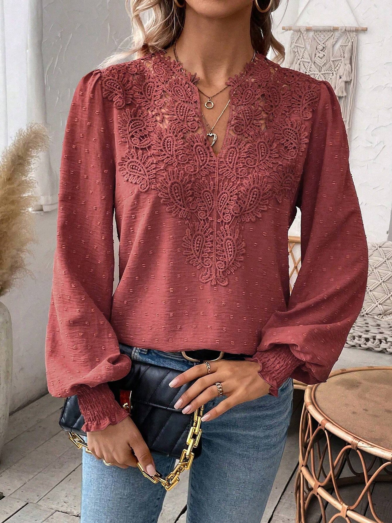 Mixed Pattern Paisley Lace Swiss Dots Smocked Long Sleeve Blouse