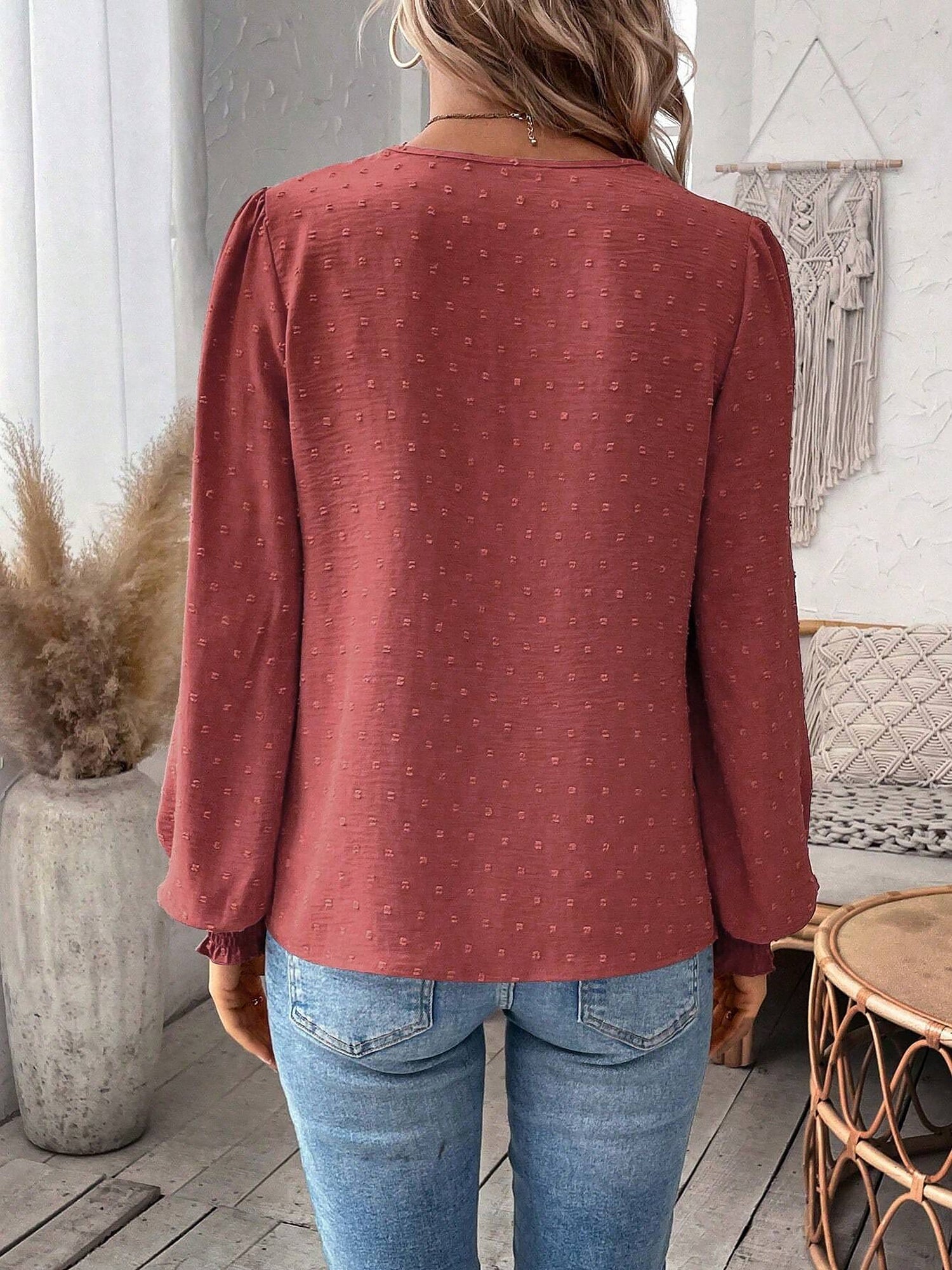 Mixed Pattern Paisley Lace Swiss Dots Smocked Long Sleeve Blouse
