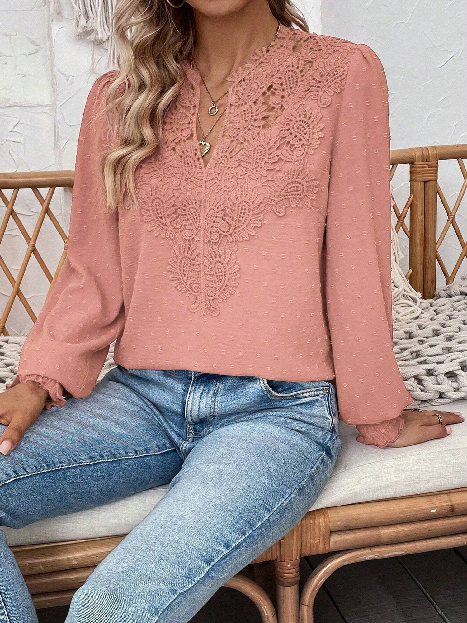Mixed Pattern Paisley Lace Swiss Dots Smocked Long Sleeve Blouse