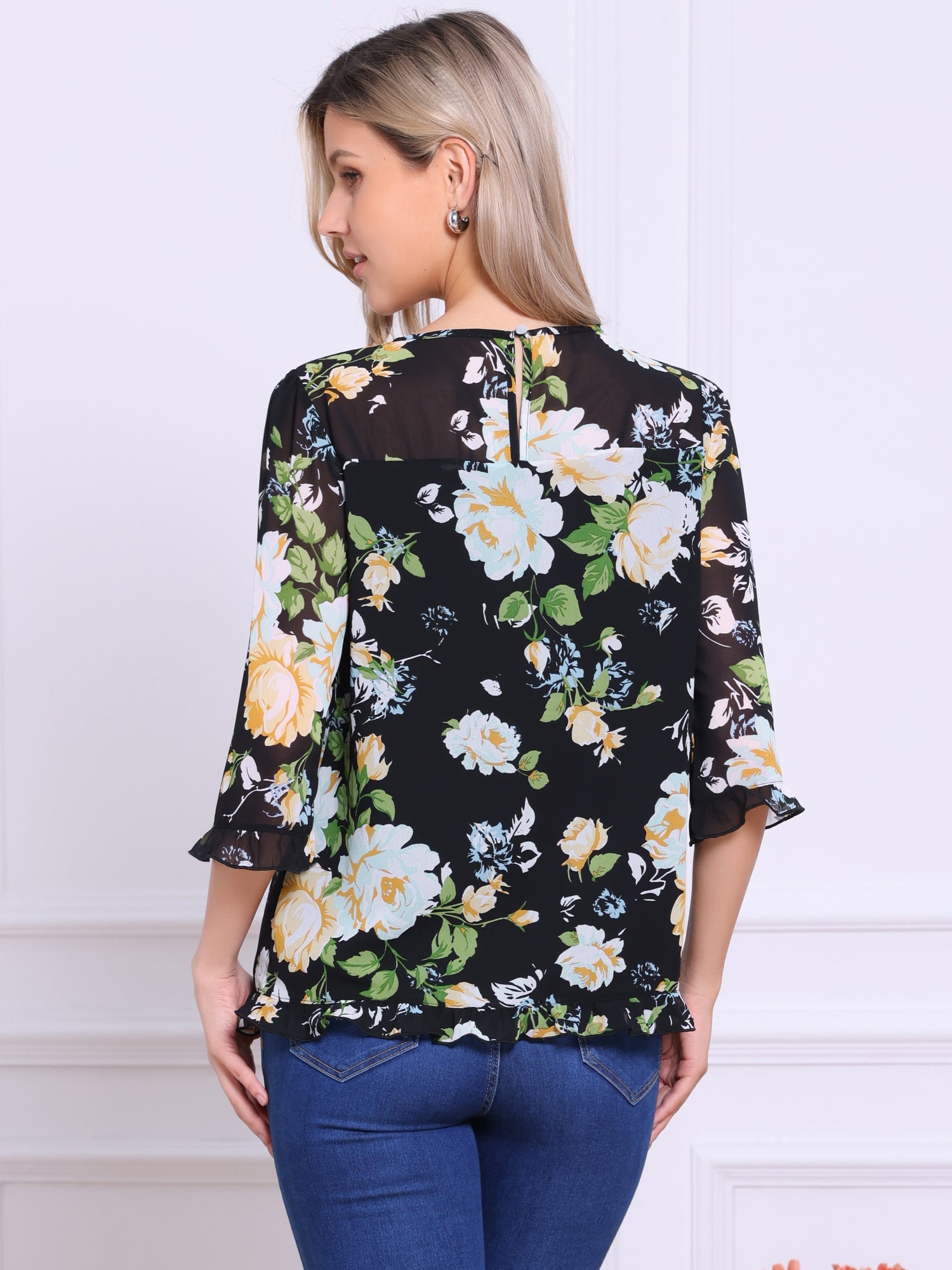 Casual Ruffle 3/4 Sleeve Floral Print Chiffon Blouse