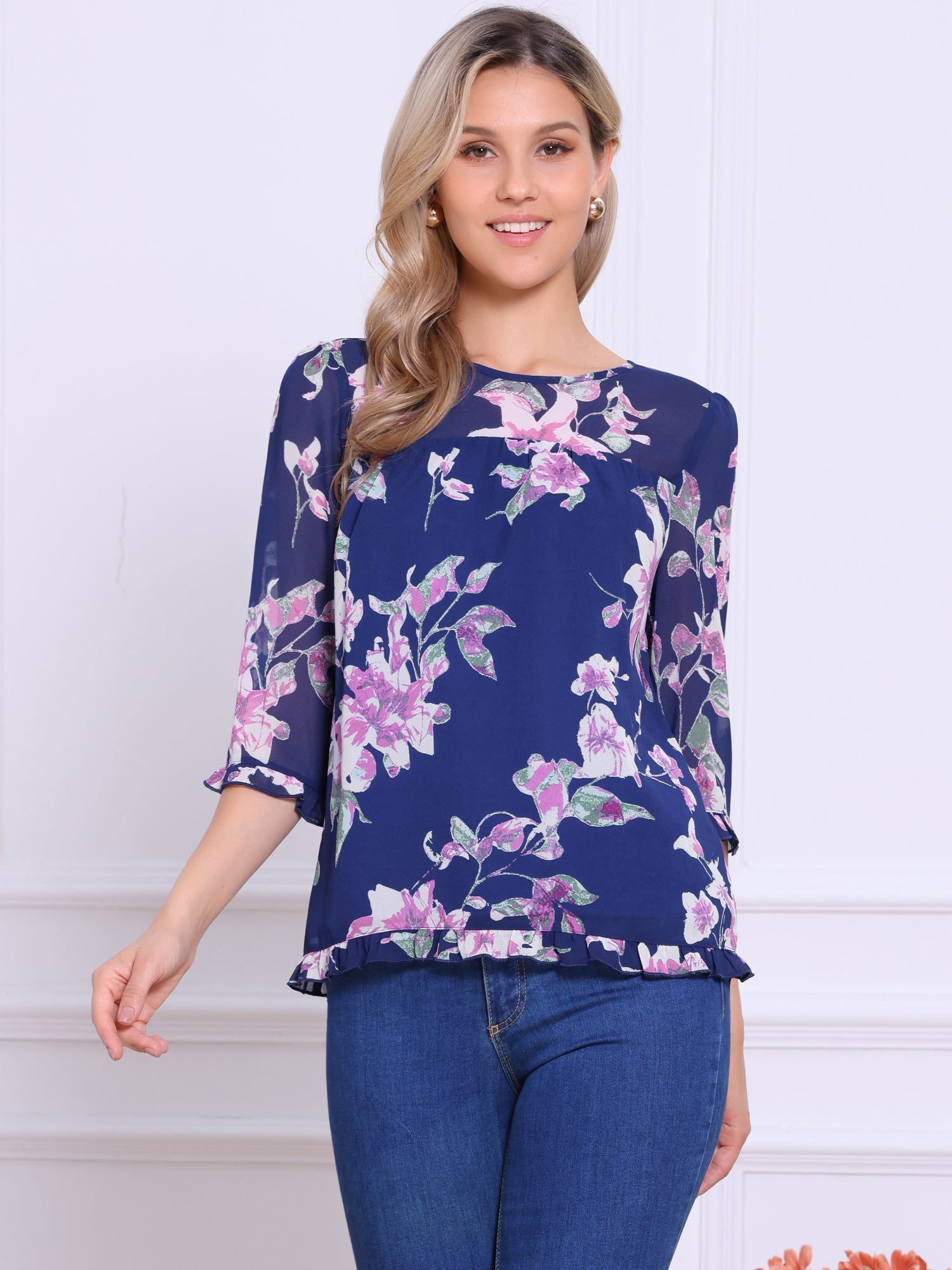 Casual Ruffle 3/4 Sleeve Floral Print Chiffon Blouse