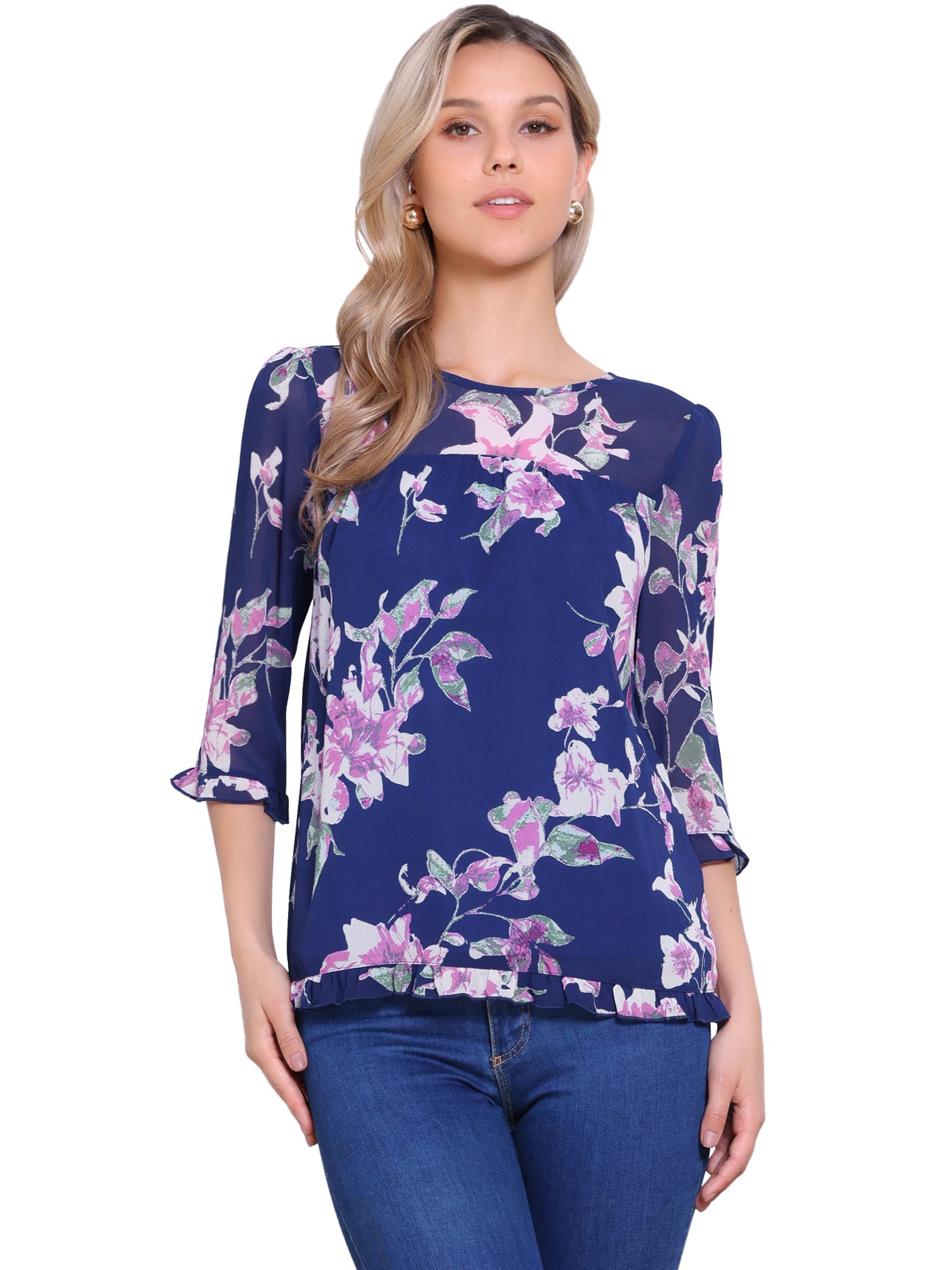 Casual Ruffle 3/4 Sleeve Floral Print Chiffon Blouse