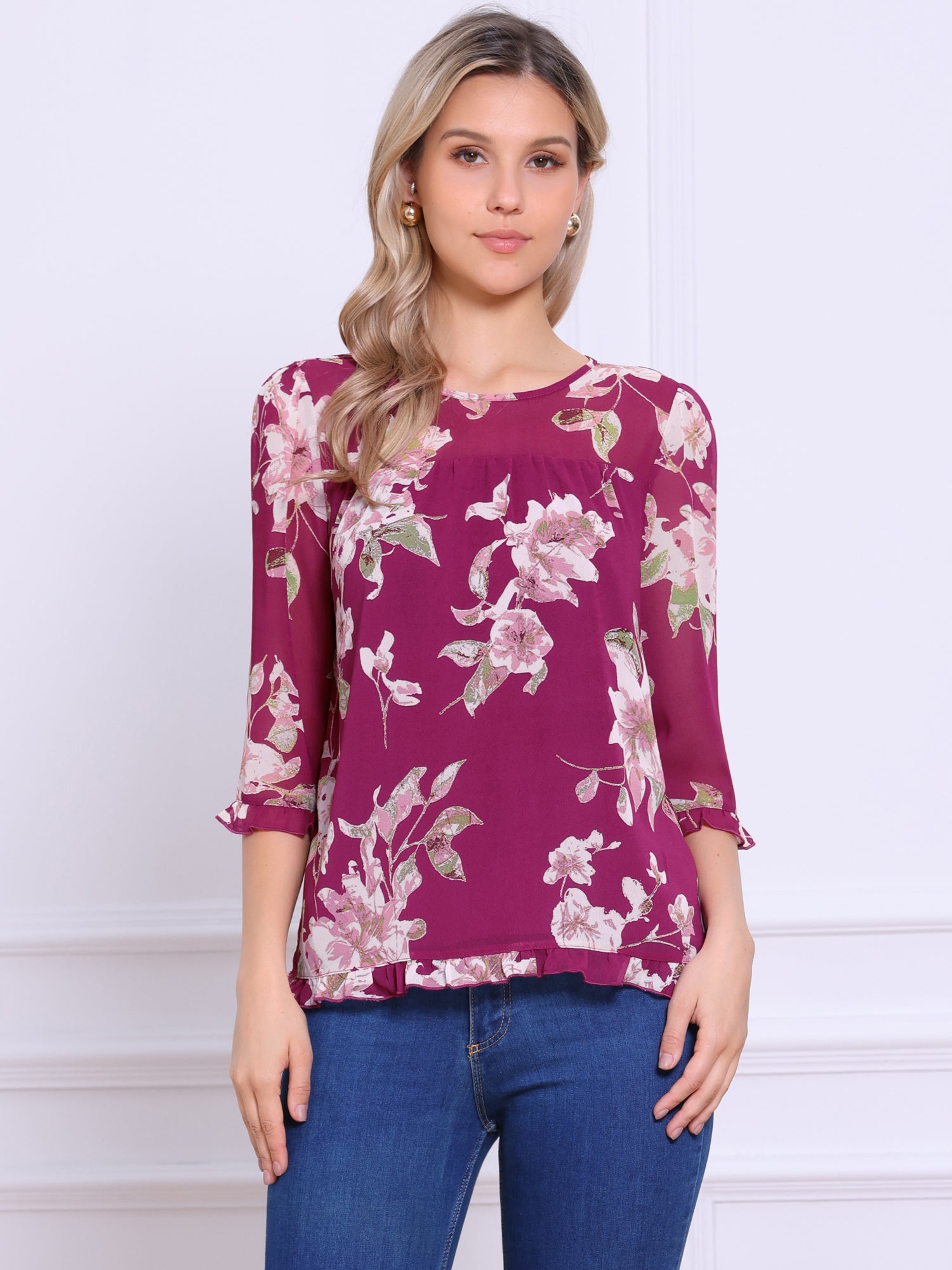 Casual Ruffle 3/4 Sleeve Floral Print Chiffon Blouse