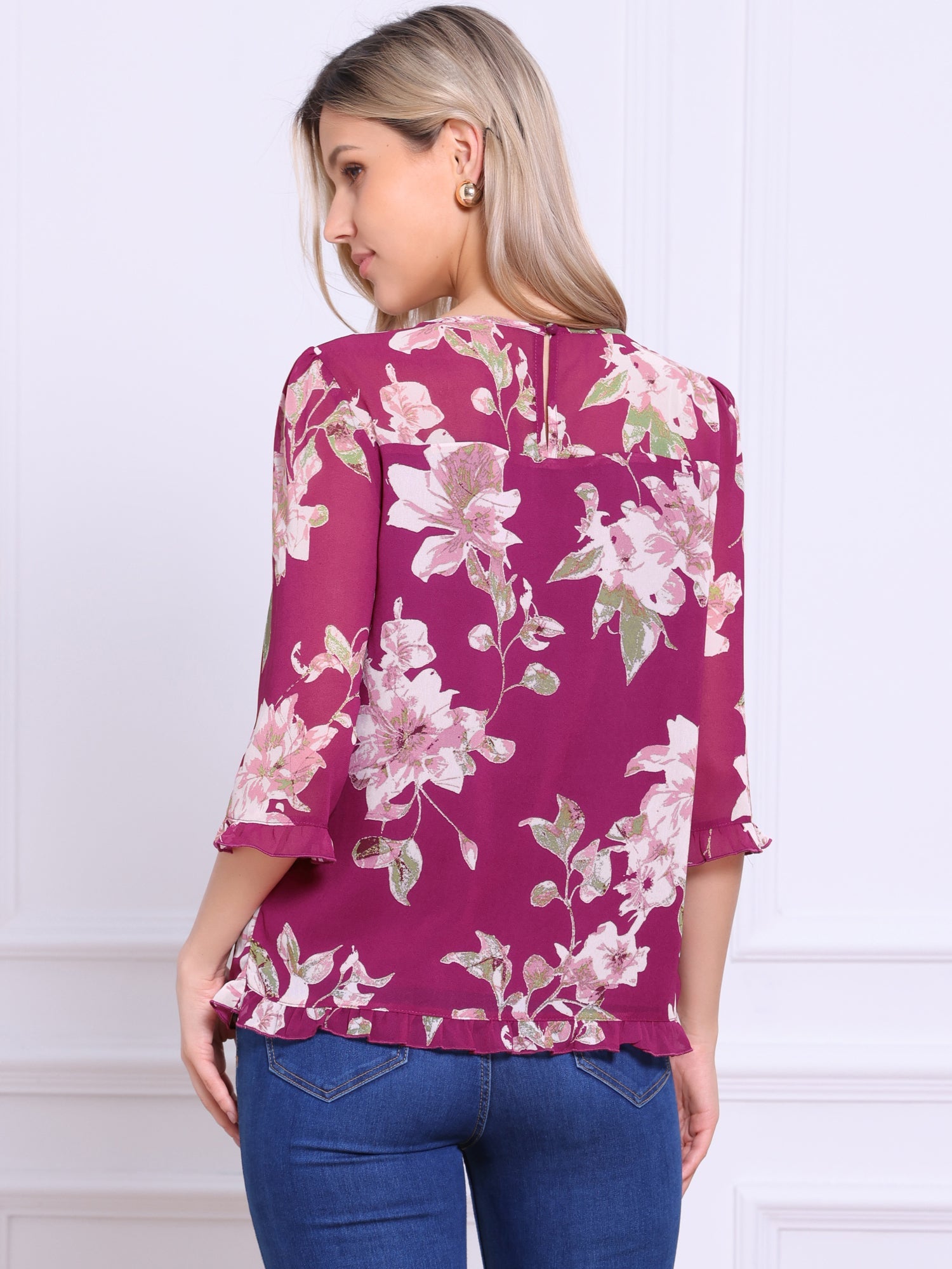 Casual Ruffle 3/4 Sleeve Floral Print Chiffon Blouse
