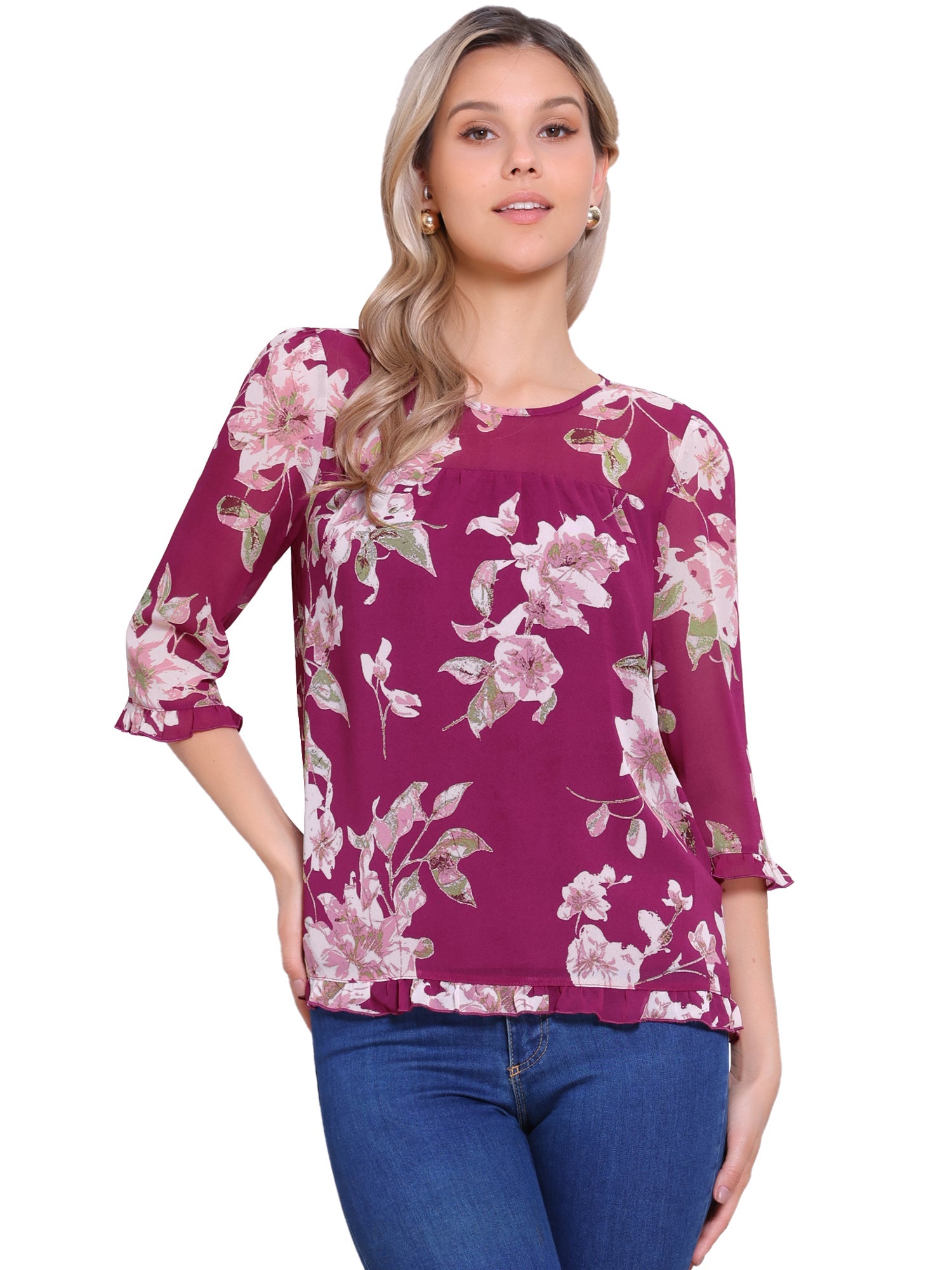 Casual Ruffle 3/4 Sleeve Floral Print Chiffon Blouse