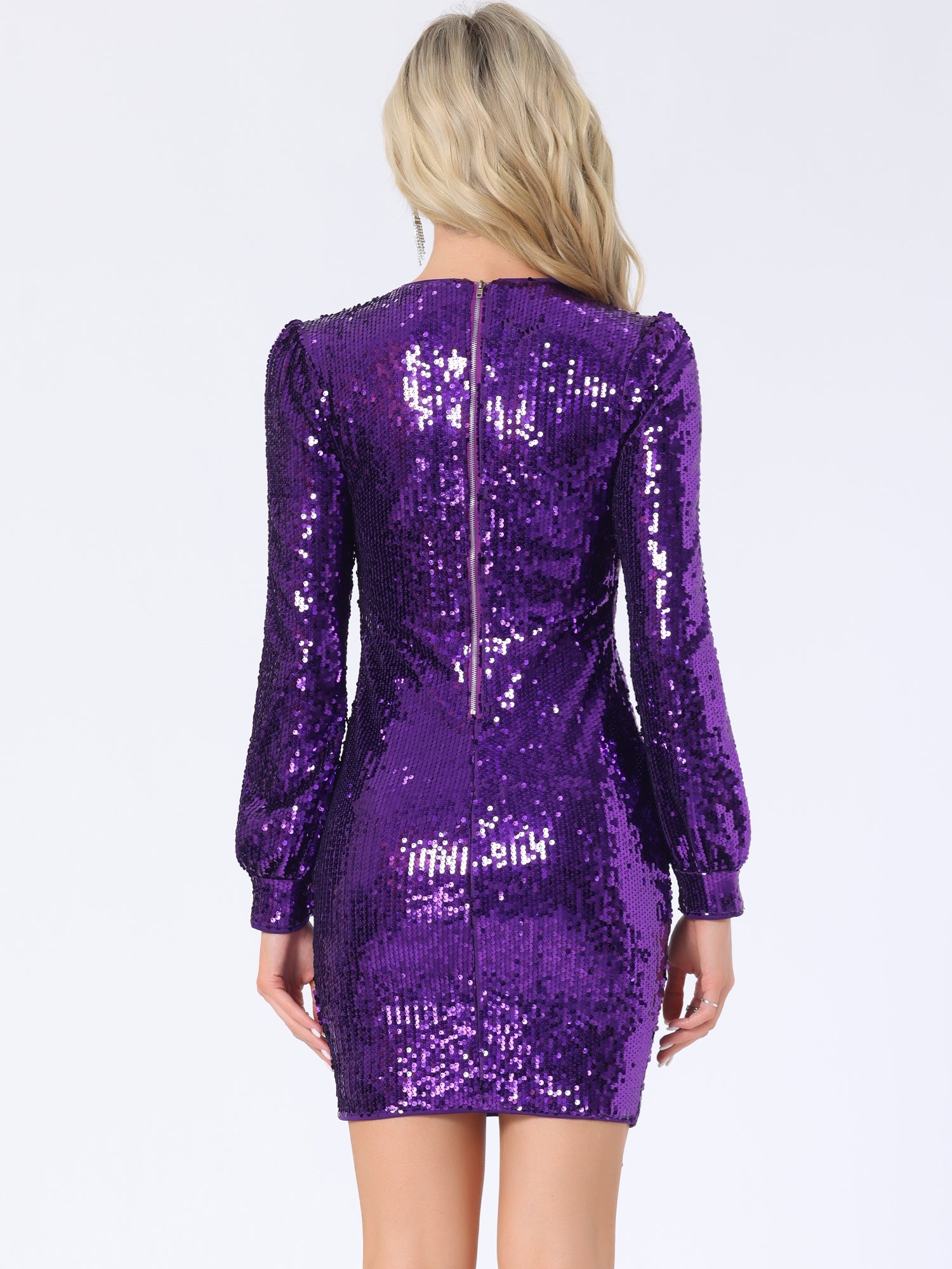 Sequin Lantern Long Sleeve Sparkle Bodycon Party Club Mini Dress