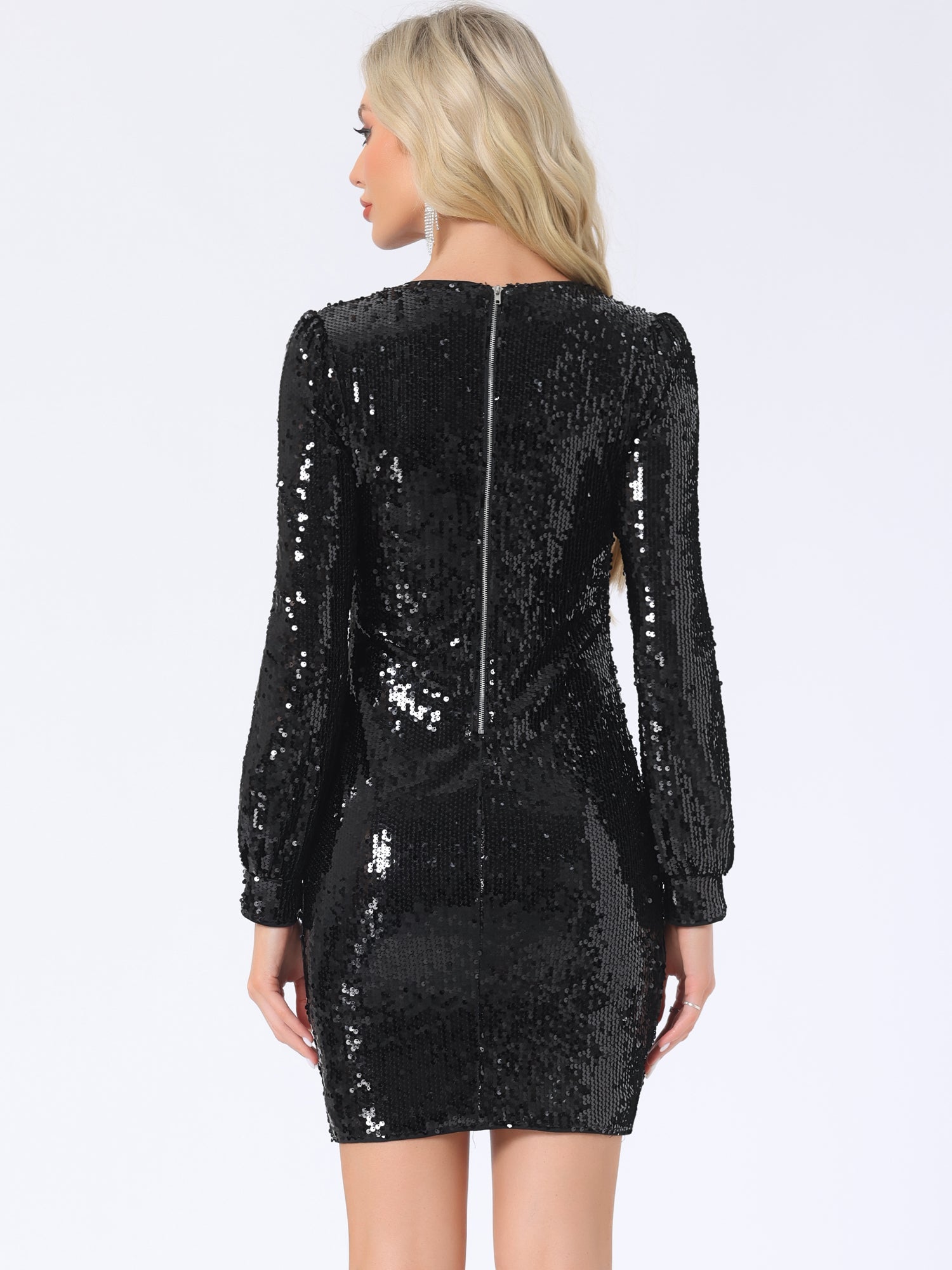 Sequin Lantern Long Sleeve Sparkle Bodycon Party Club Mini Dress