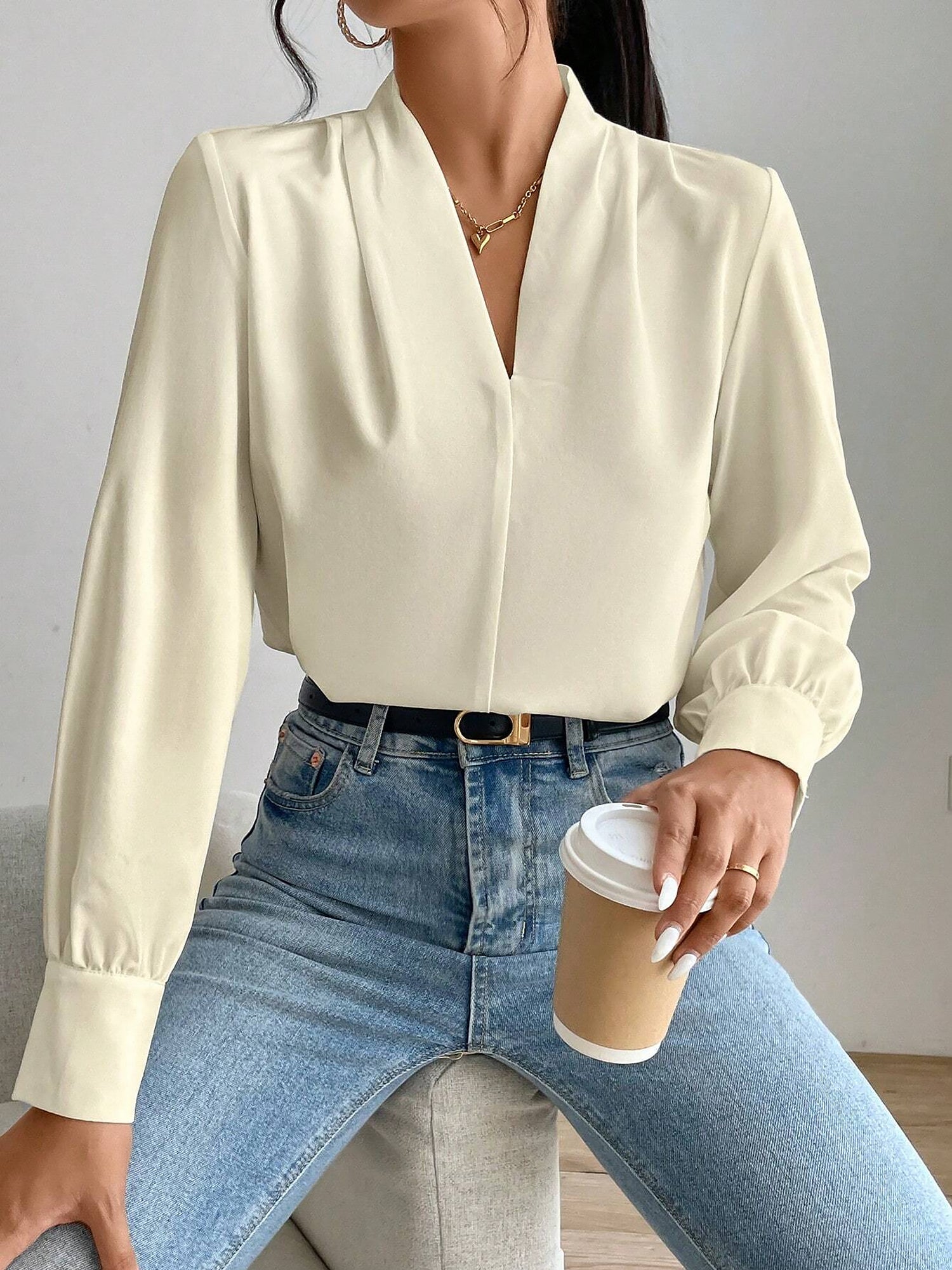 Classic Elegant V Neck Pleated Long Sleeves Solid Color Blouse