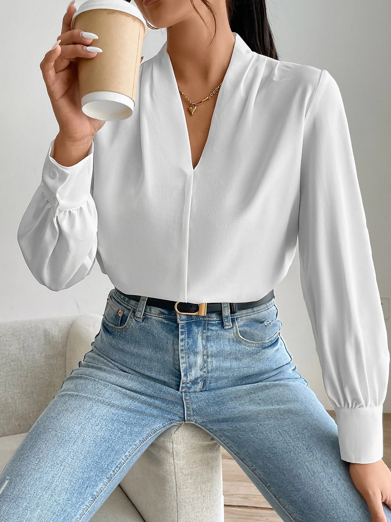 Classic Elegant V Neck Pleated Long Sleeves Solid Color Blouse