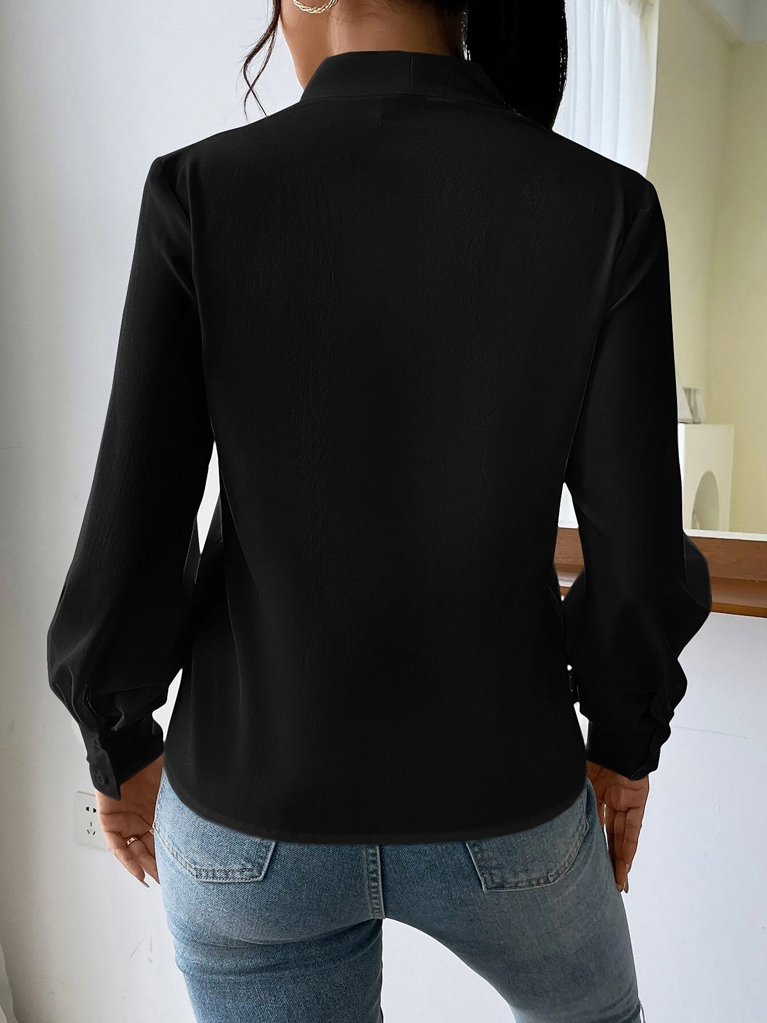 Classic Elegant V Neck Pleated Long Sleeves Solid Color Blouse