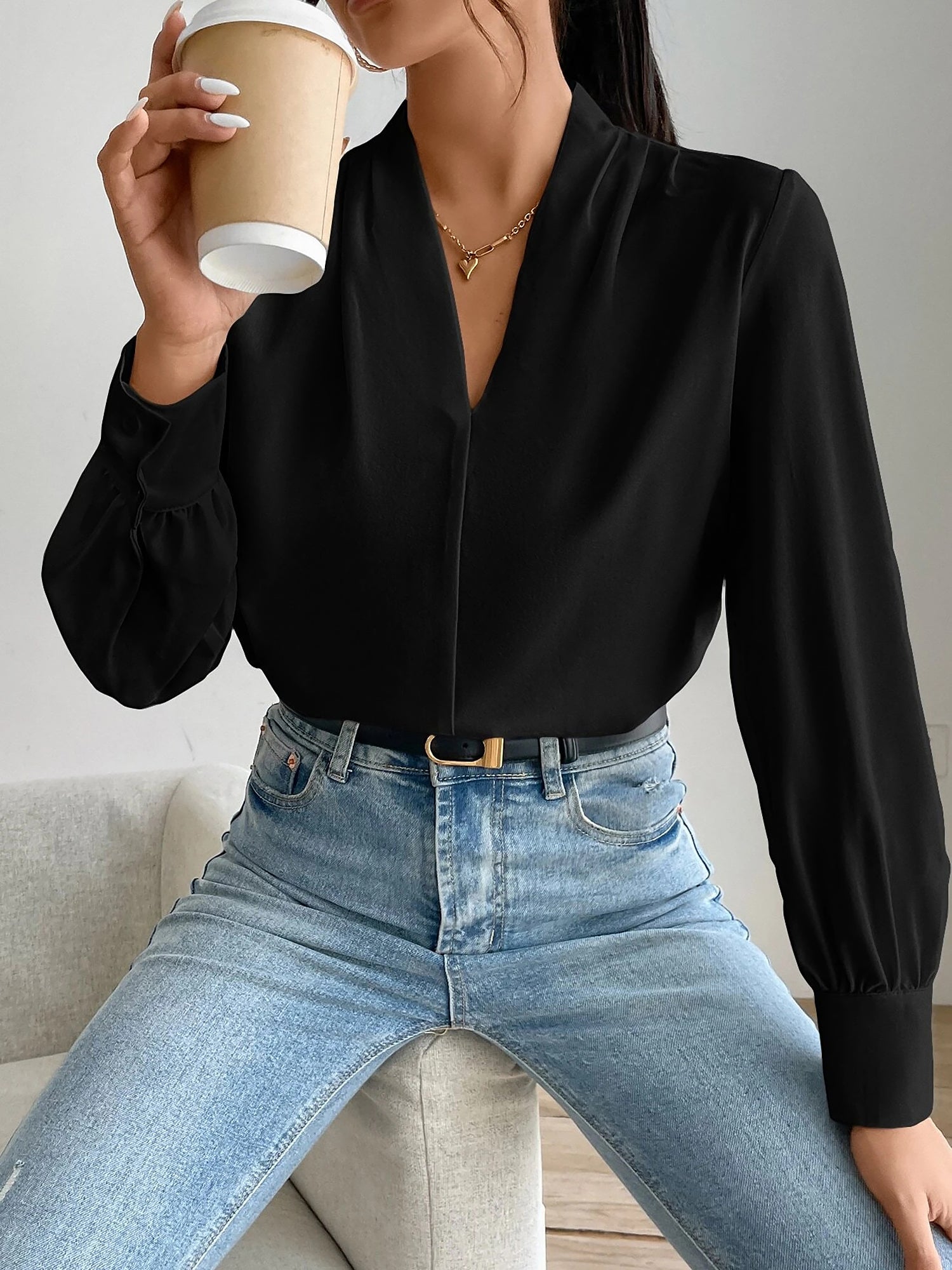 Classic Elegant V Neck Pleated Long Sleeves Solid Color Blouse