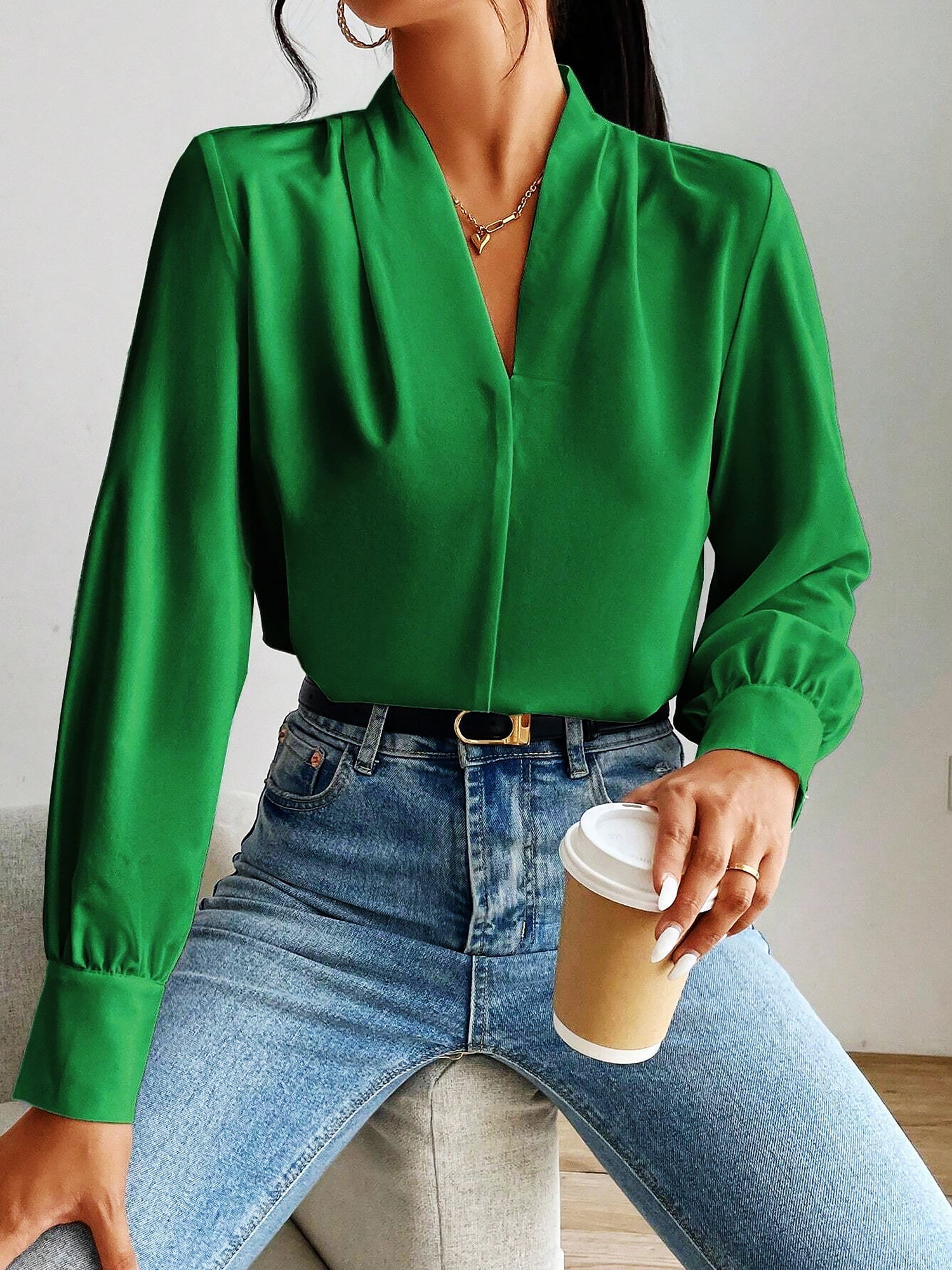 Classic Elegant V Neck Pleated Long Sleeves Solid Color Blouse