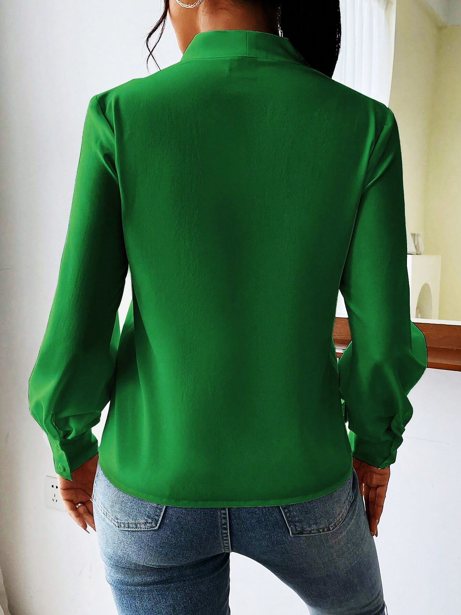 Classic Elegant V Neck Pleated Long Sleeves Solid Color Blouse