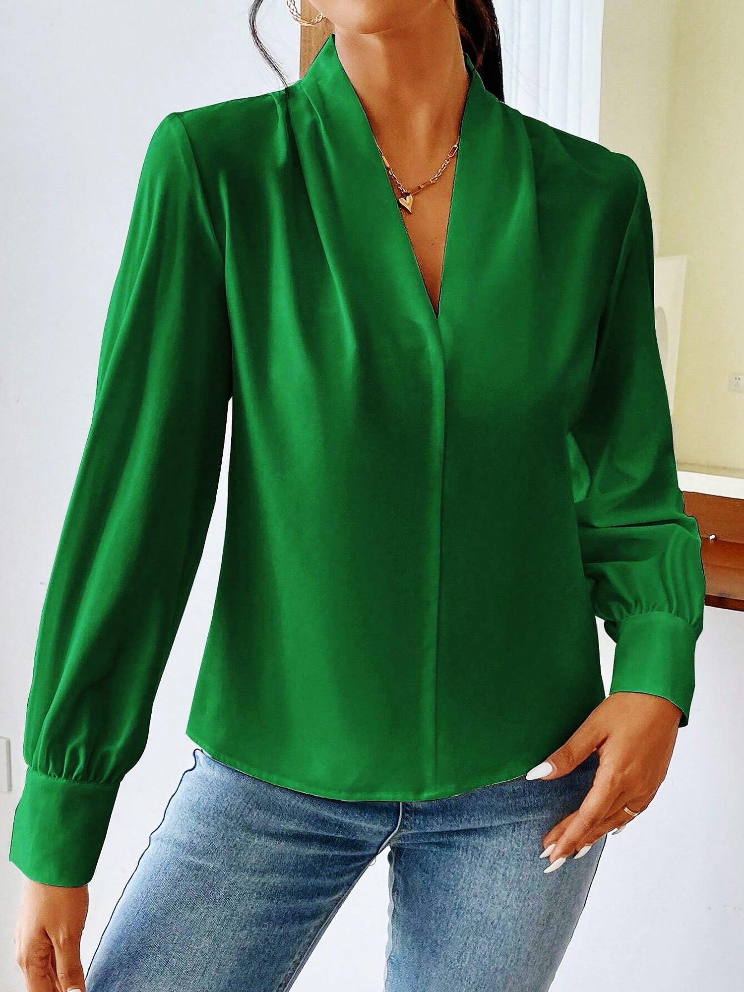Classic Elegant V Neck Pleated Long Sleeves Solid Color Blouse