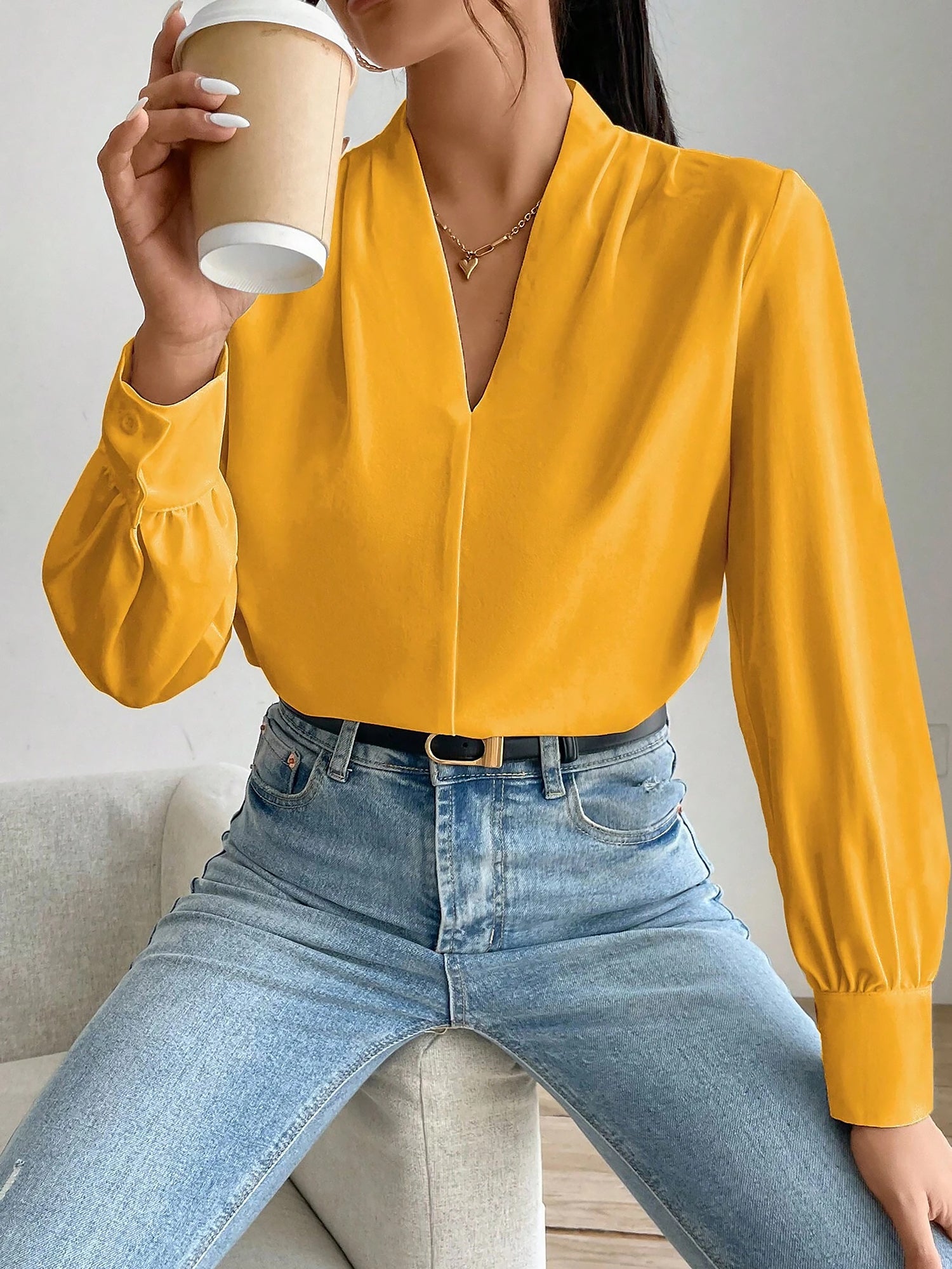 Classic Elegant V Neck Pleated Long Sleeves Solid Color Blouse