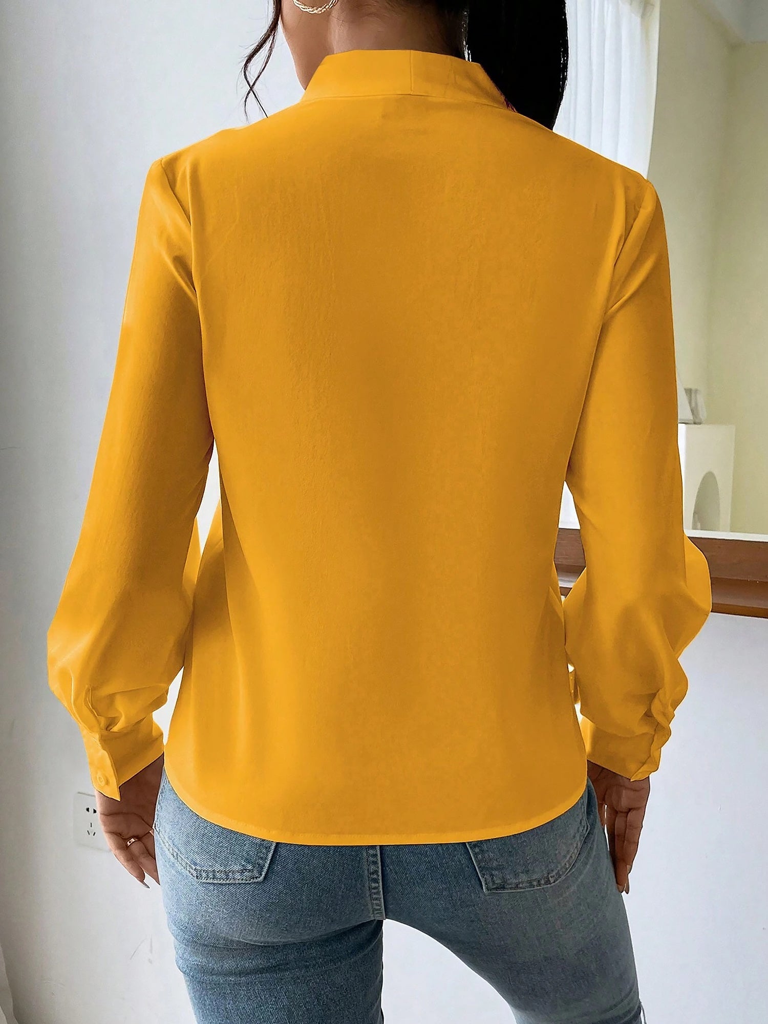 Classic Elegant V Neck Pleated Long Sleeves Solid Color Blouse