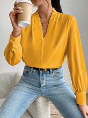 Classic Elegant V Neck Pleated Long Sleeves Solid Color Blouse