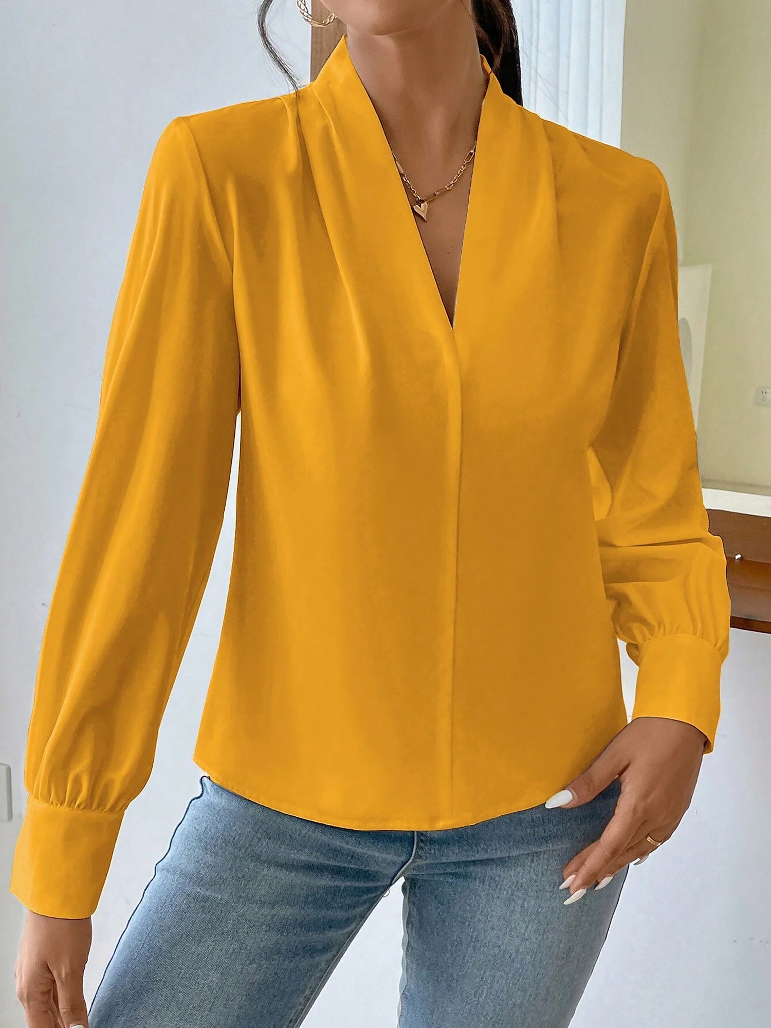 Classic Elegant V Neck Pleated Long Sleeves Solid Color Blouse